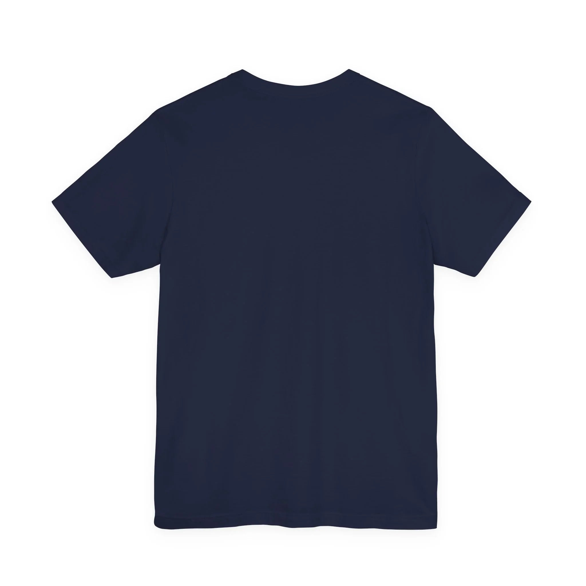 Plain navy blue short sleeve t-shirt, back view, on white background