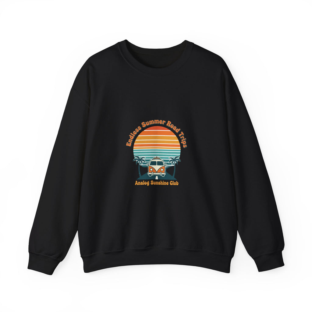 Vintage 70s Sunset Camper Crewneck Sweatshirt | Retro Surf Graphic, Golden Hour Postcard