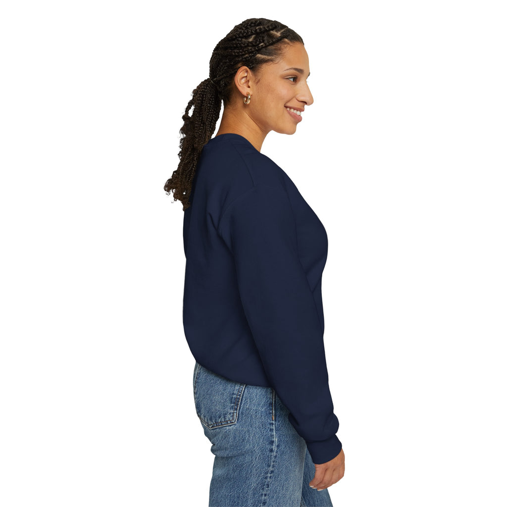 Vintage 70s Sunset Camper Crewneck Sweatshirt | Retro Surf Graphic, Golden Hour Postcard Navy