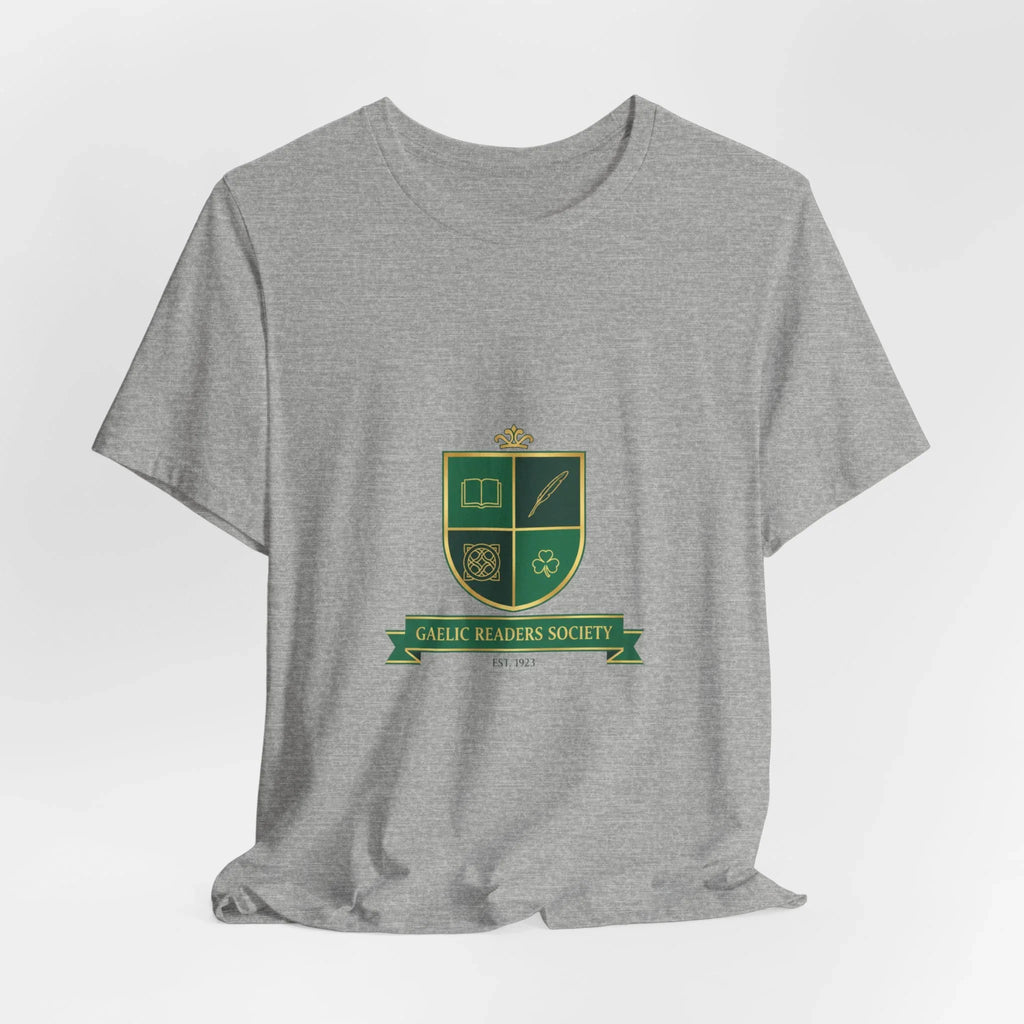 Gray T-shirt with green and gold Gaelic Readers Society crest and academic icons on front