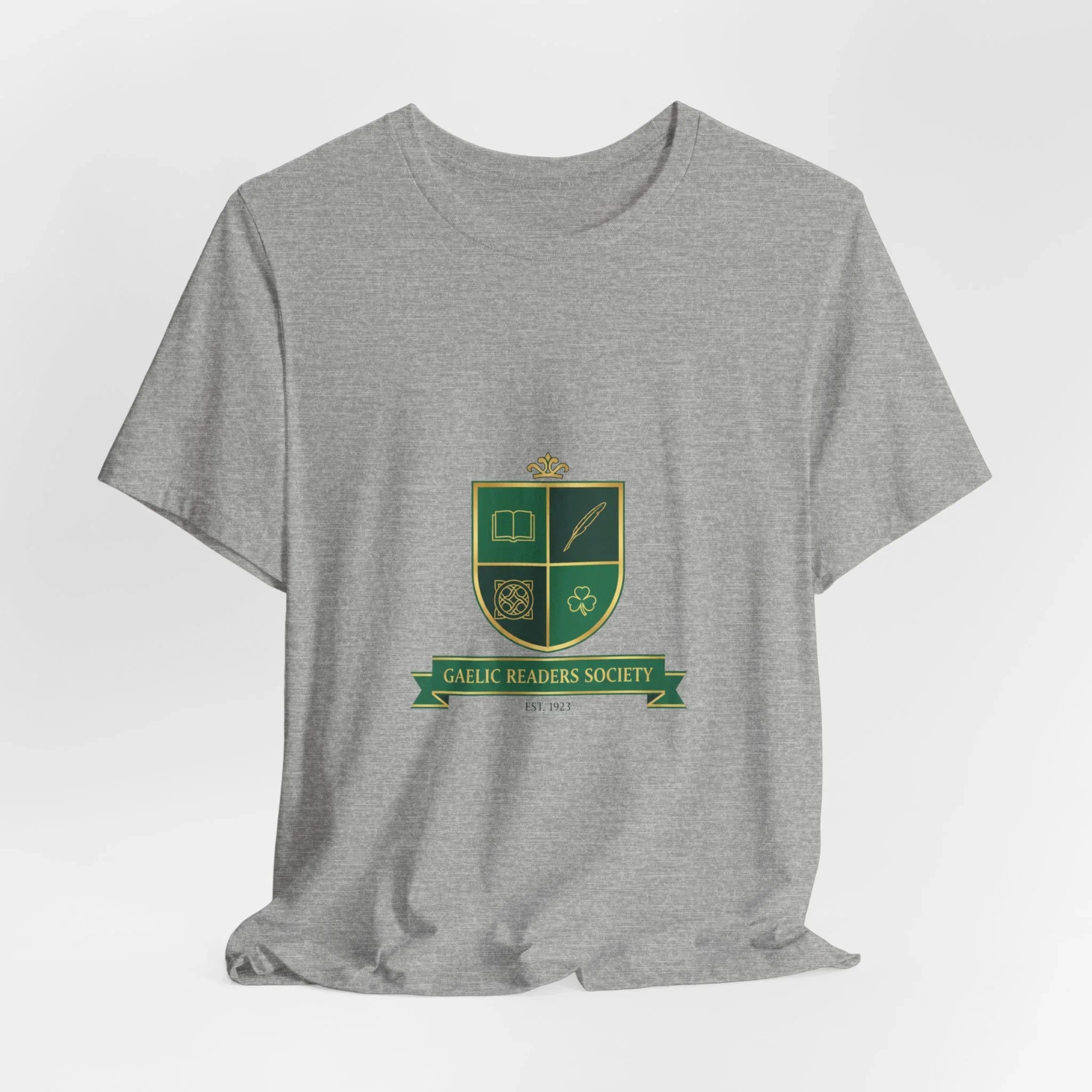 Gray T-shirt with green and gold Gaelic Readers Society crest and academic icons on front