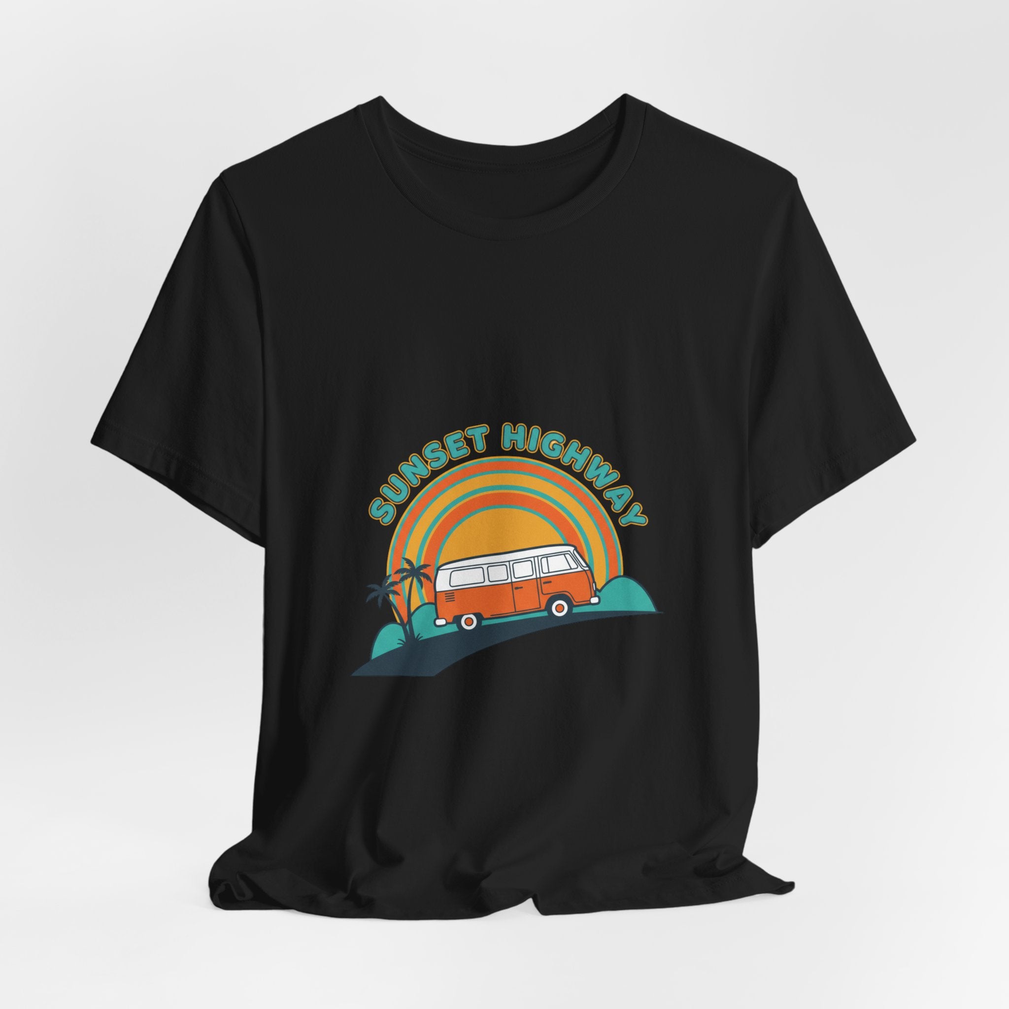Sunset Highway VW Van Graphic Tee | 70s Sunset Shirt, Retro Surf Vintage Palm Navy