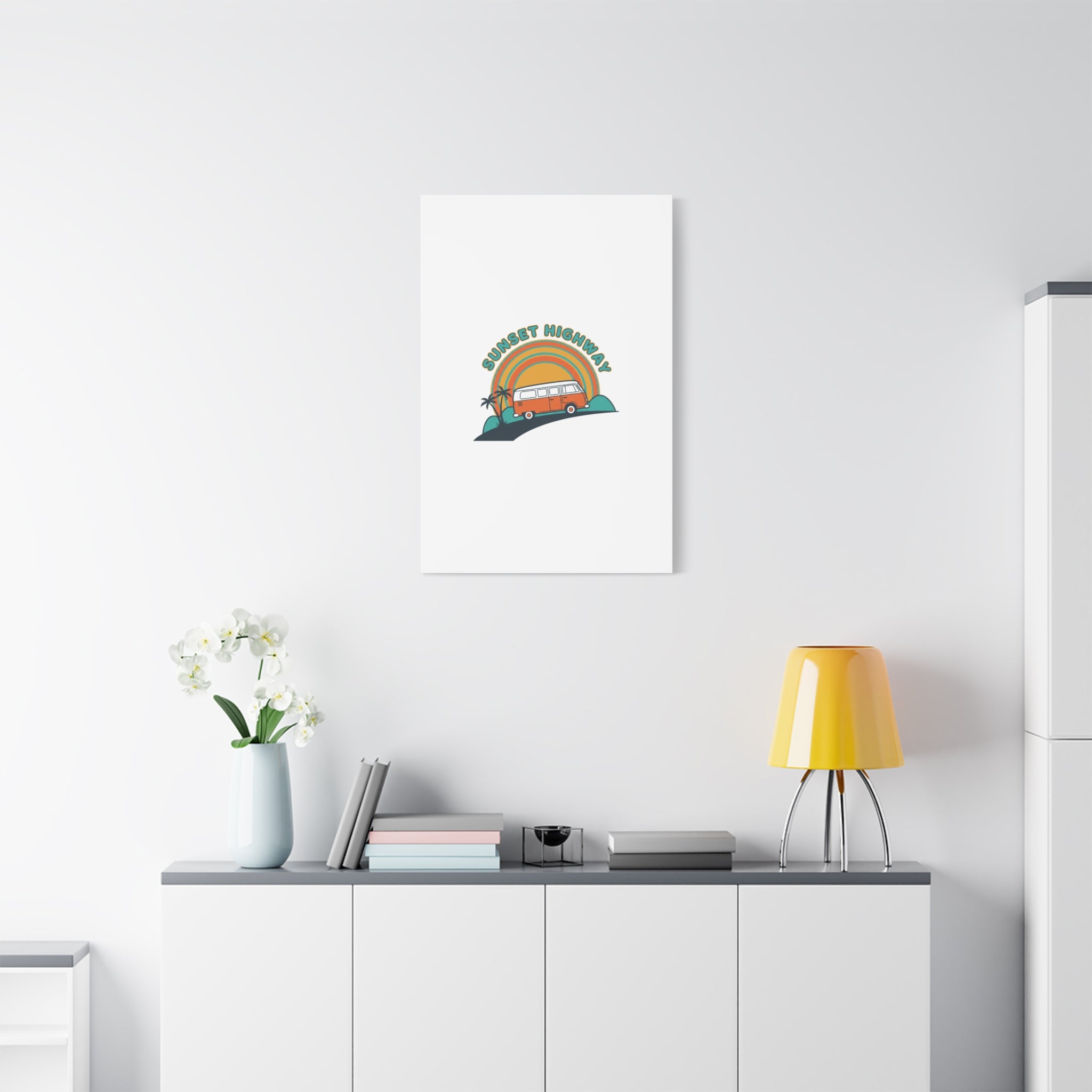 Sunset Highway Van Canvas | 1970s Retro Surf, Vintage Palm Poster 36" x 36" 1.25"