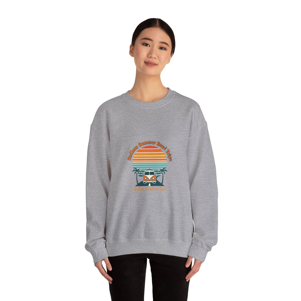 Vintage 70s Sunset Camper Crewneck Sweatshirt | Retro Surf Graphic, Golden Hour Postcard Navy