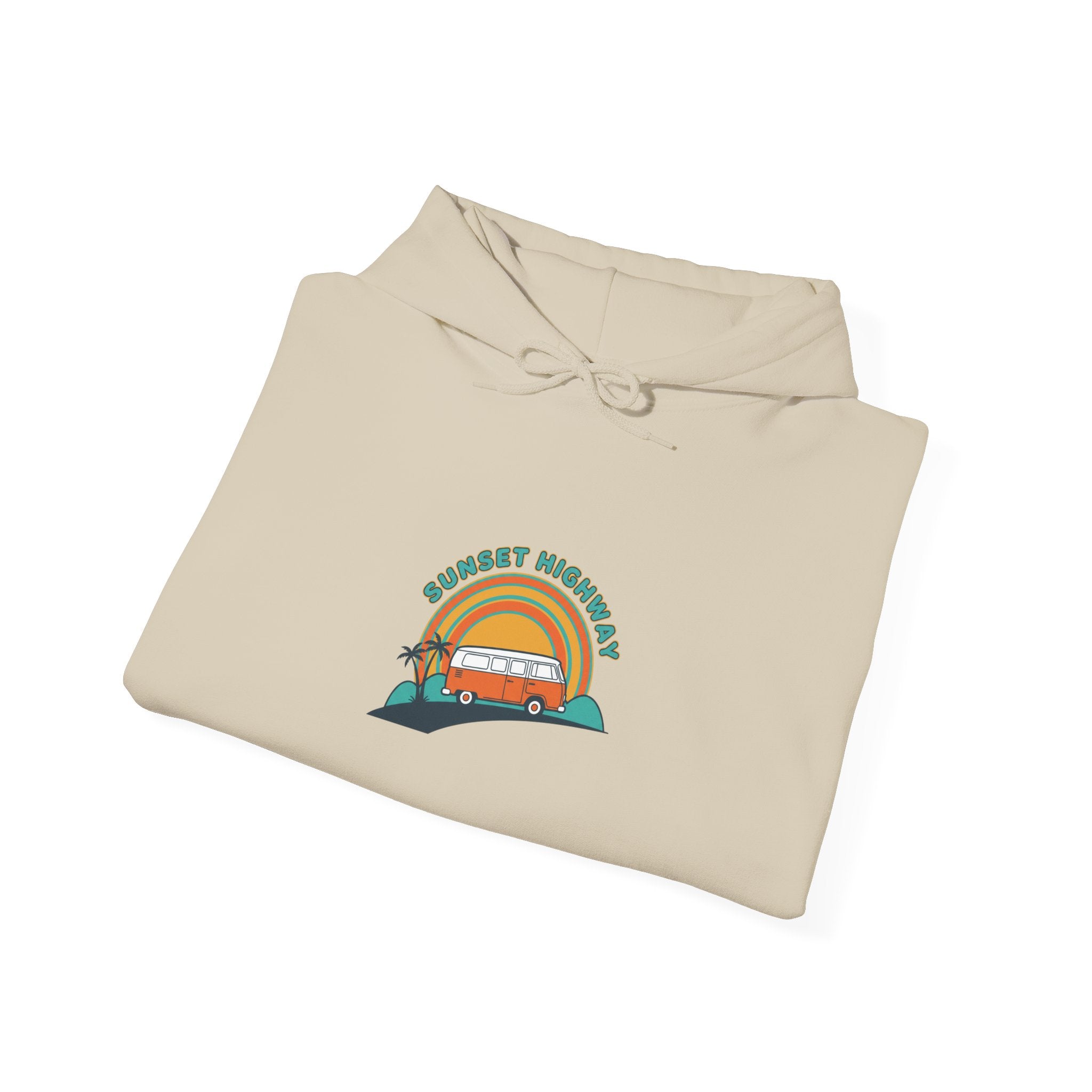 Retro 70s Sunset Surf Graphic Hoodie | Analog Sunshine, Vintage Palm Postcard Navy