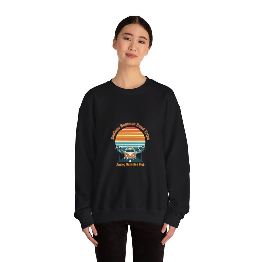 Vintage 70s Sunset Camper Crewneck Sweatshirt | Retro Surf Graphic, Golden Hour Postcard Navy