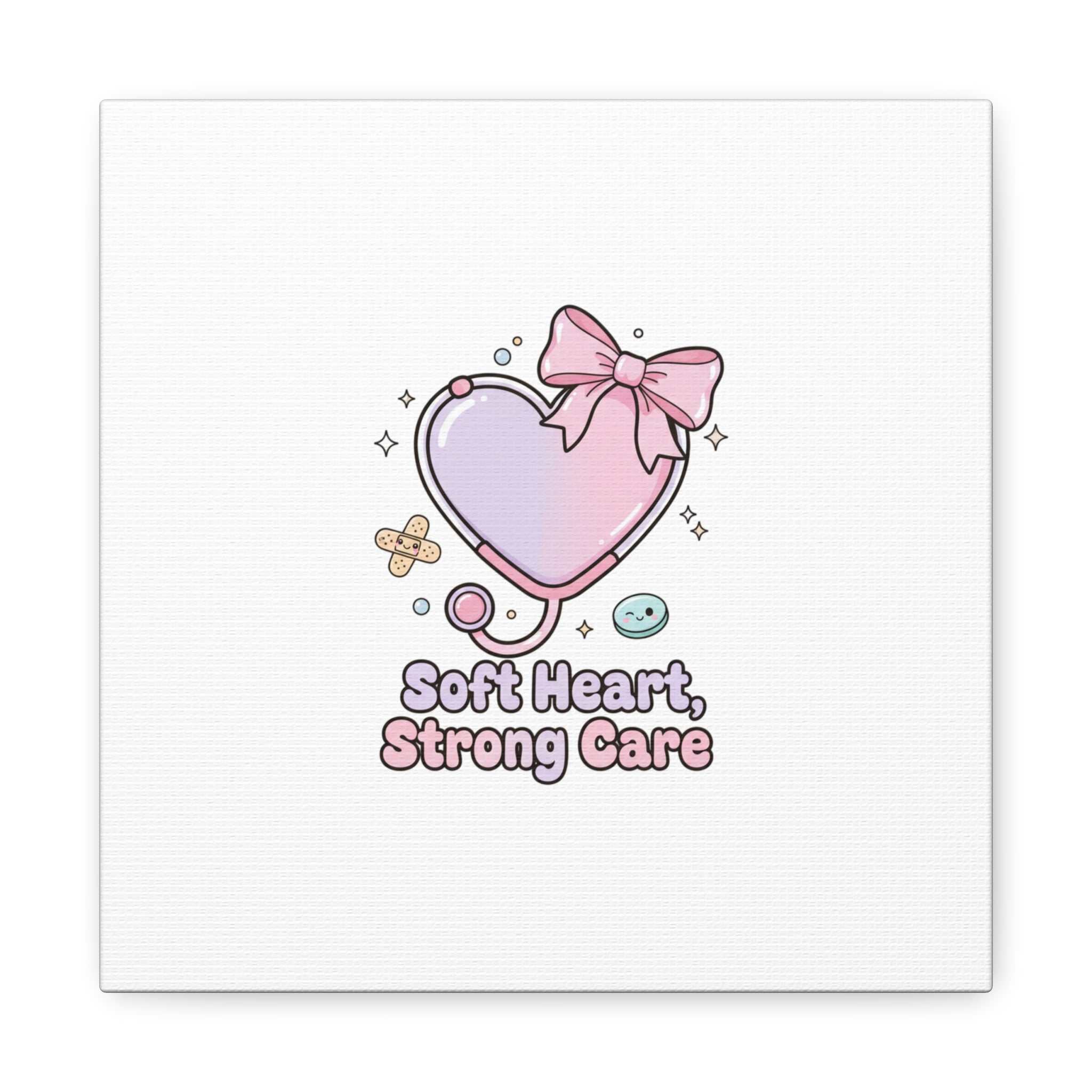 Soft Heart Strong Care Canvas, Pastel Cute Nurse Medical Art | Coquette Healthcare 10″ x 10″ 1.25"