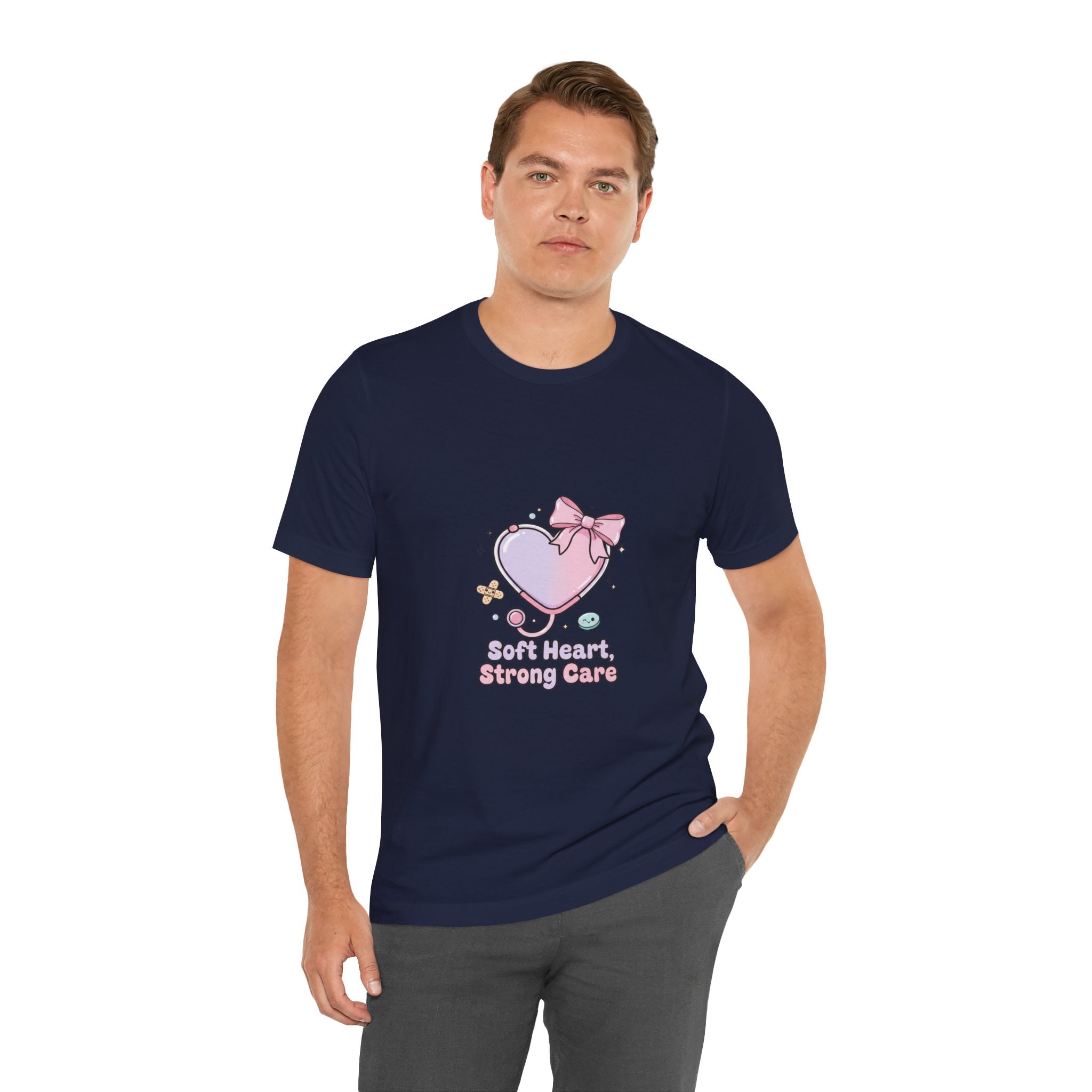 Soft Heart Strong Care T-Shirt | cute nurse graphic, pastel coquette medical shirt Navy