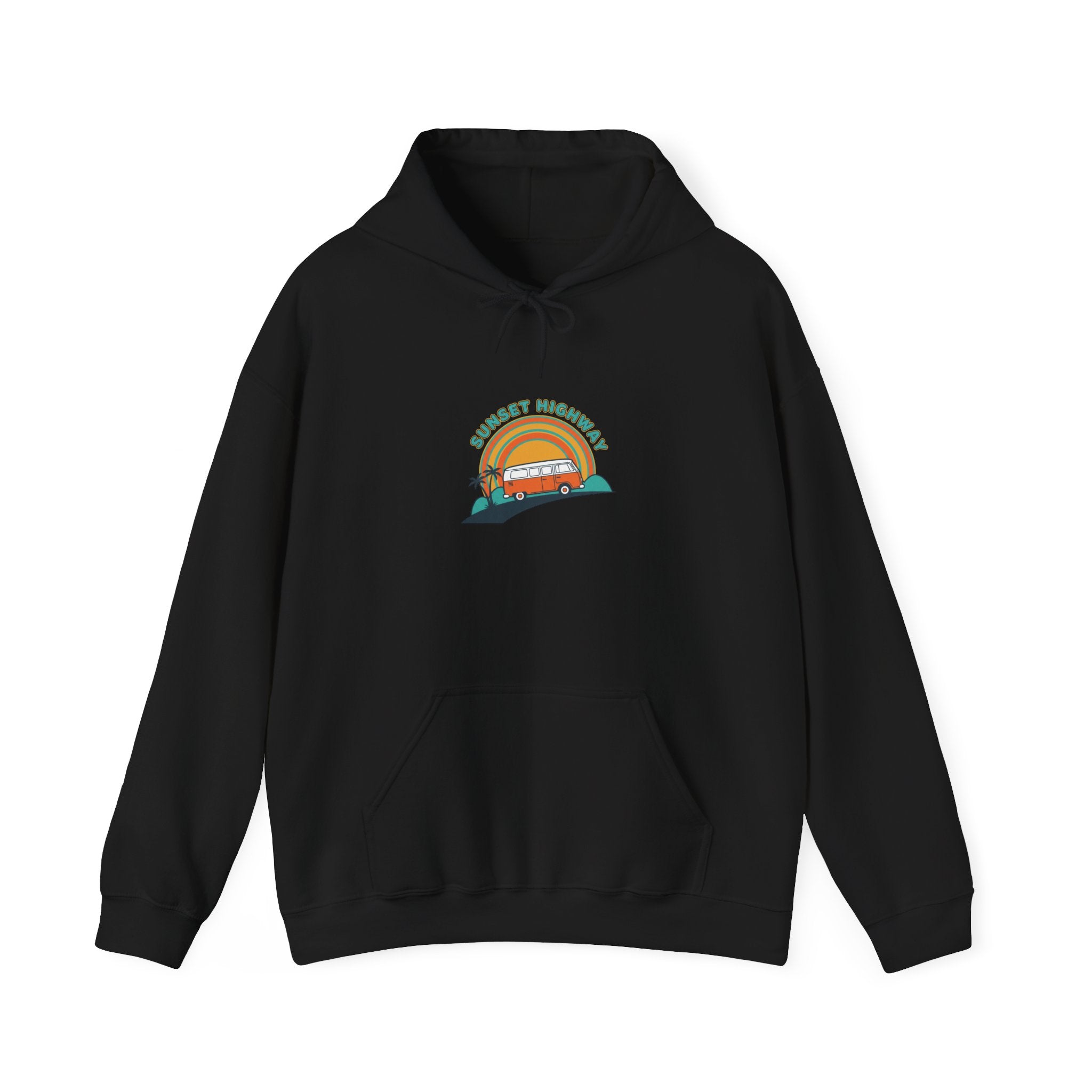 Retro 70s Sunset Surf Graphic Hoodie | Analog Sunshine, Vintage Palm Postcard Black