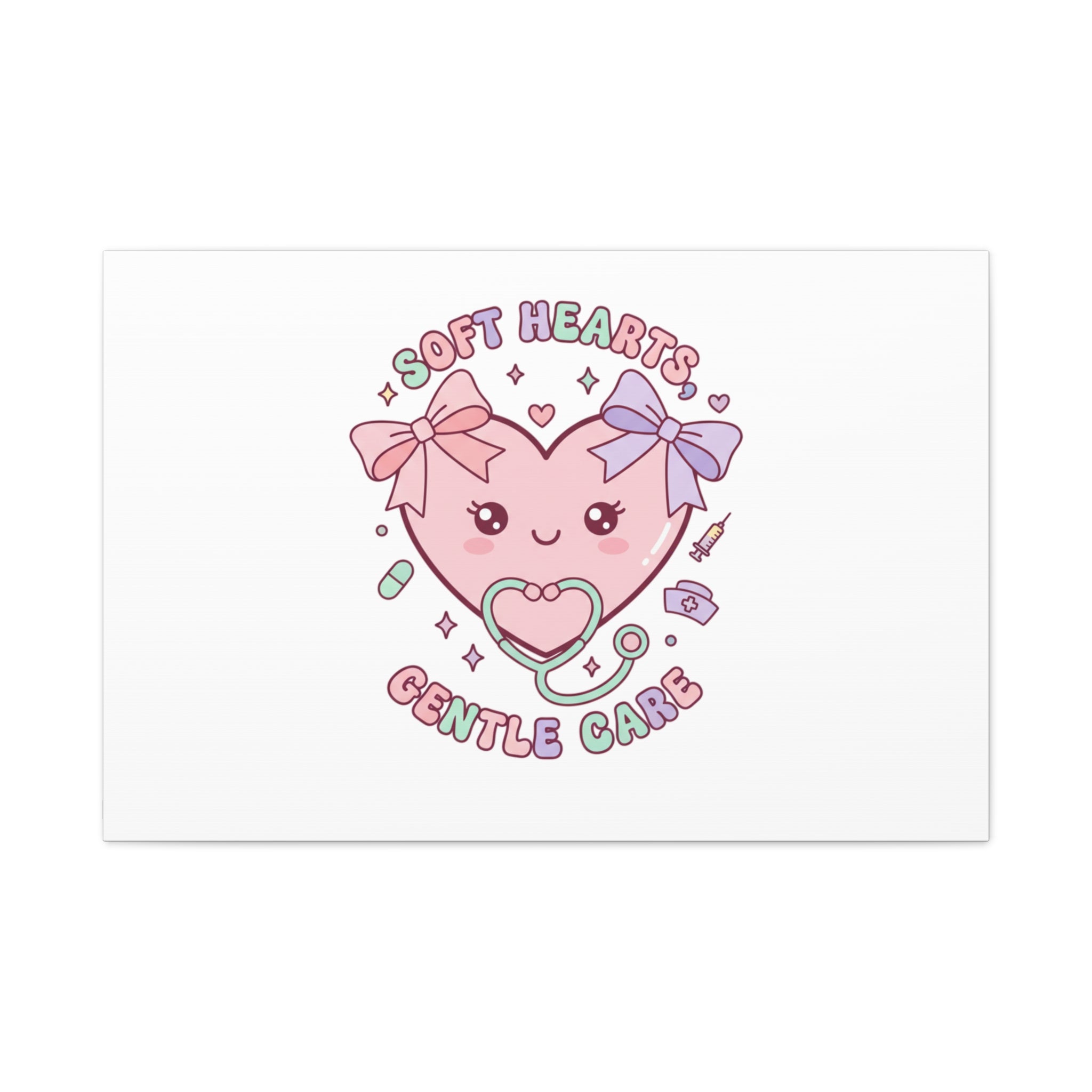 Soft Hearts Gentle Care Canvas, Cute Nurse Graphic | Pastel Coquette Medical Art 36″ x 24″ (Horizontal) 1.25"
