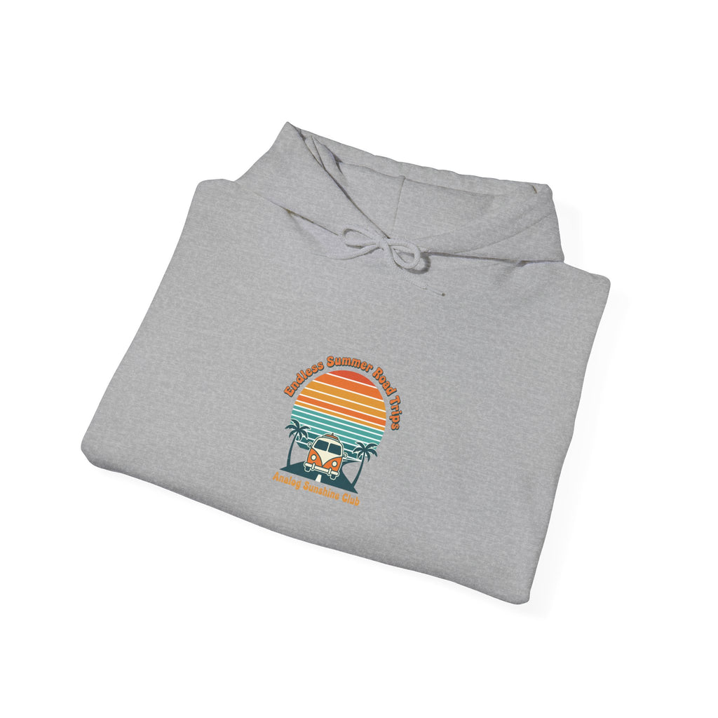Retro 70s Sunset Surf Hoodie | vintage palm golden hour postcard design Navy