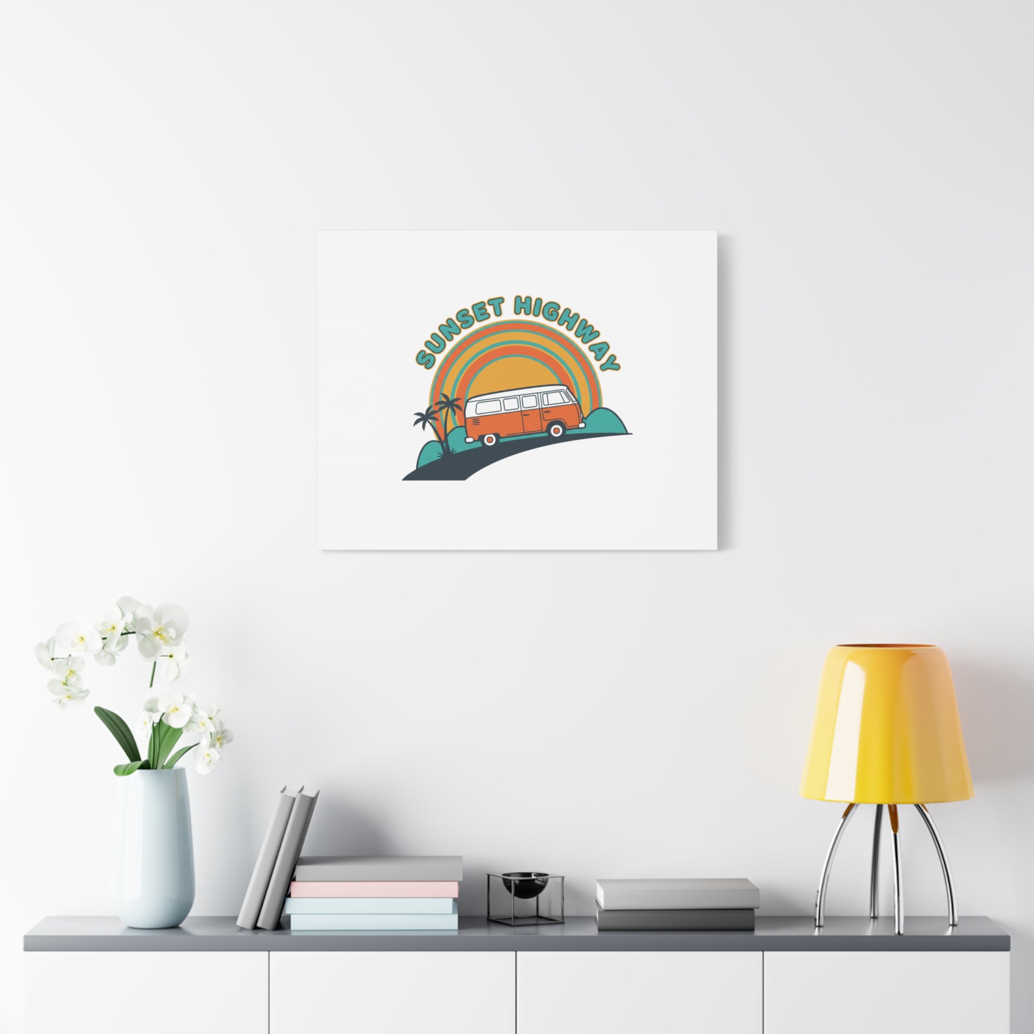 Sunset Highway Van Canvas | 1970s Retro Surf, Vintage Palm Poster 36" x 36" 1.25"