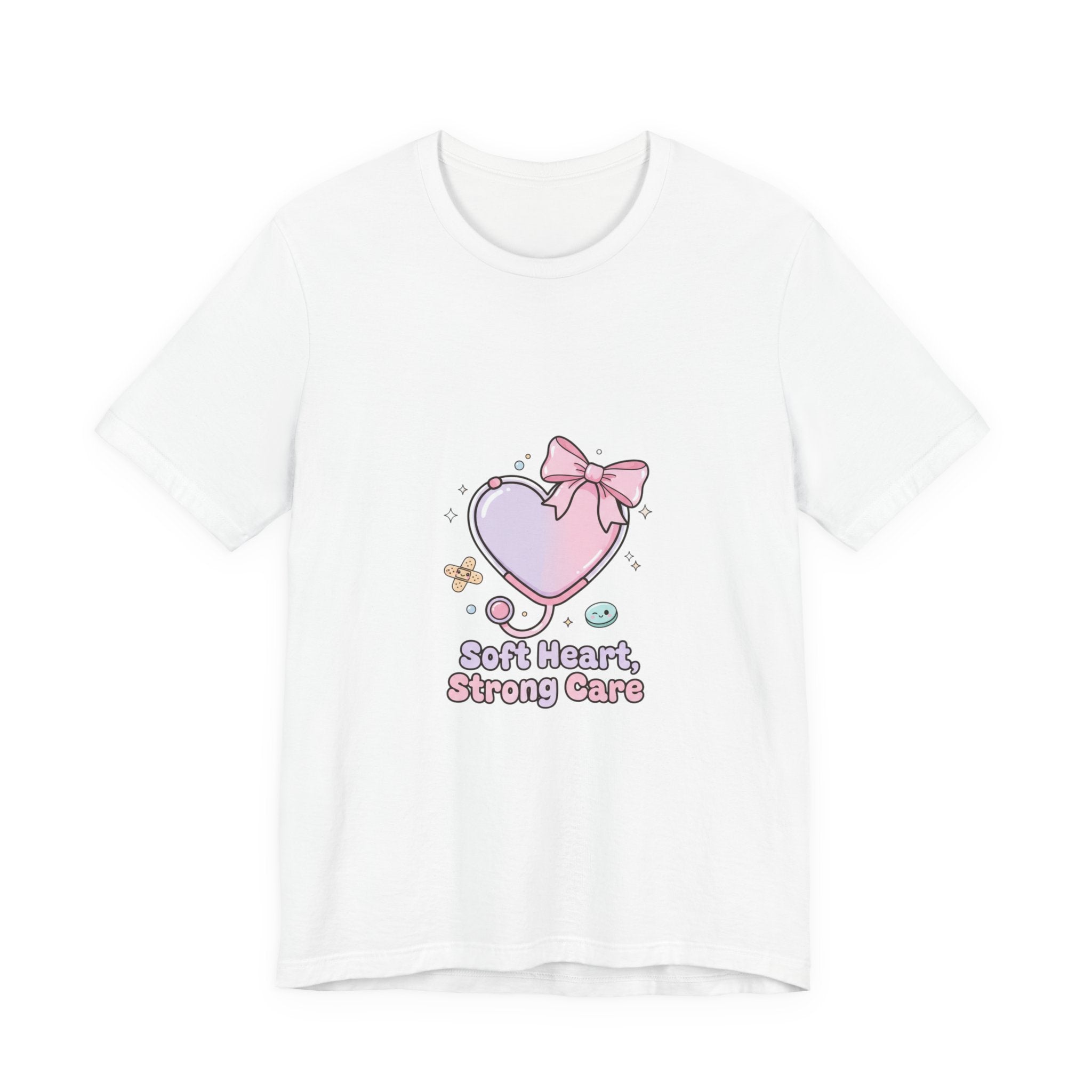 Soft Heart Strong Care T-Shirt | cute nurse graphic, pastel coquette medical shirt White
