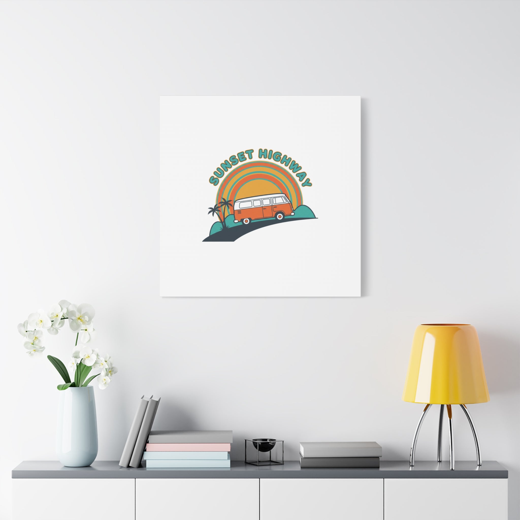 Sunset Highway Van Canvas | 1970s Retro Surf, Vintage Palm Poster 36" x 36" 1.25"