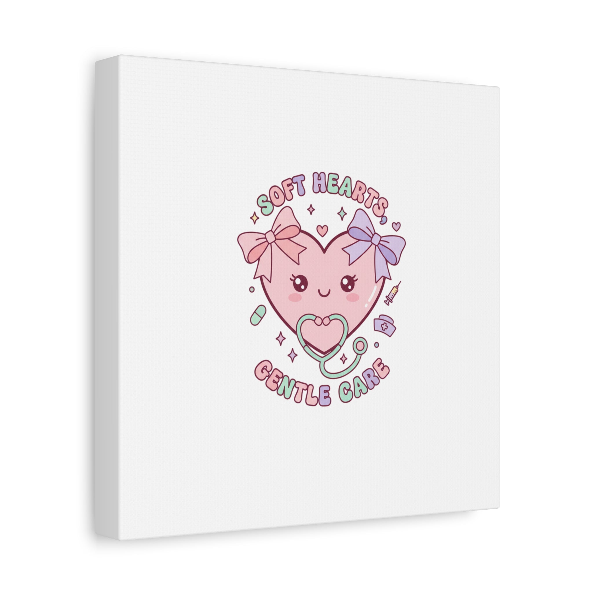 Soft Hearts Gentle Care Canvas, Cute Nurse Graphic | Pastel Coquette Medical Art 36" x 36" 1.25"