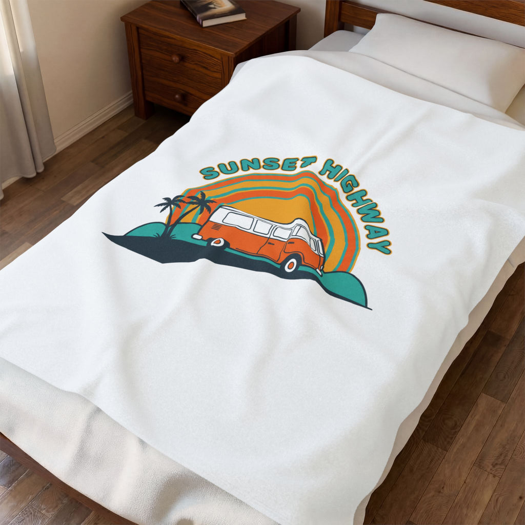 Sunset Highway van graphic Velveteen Blanket | 70s sunset, retro surf postcard