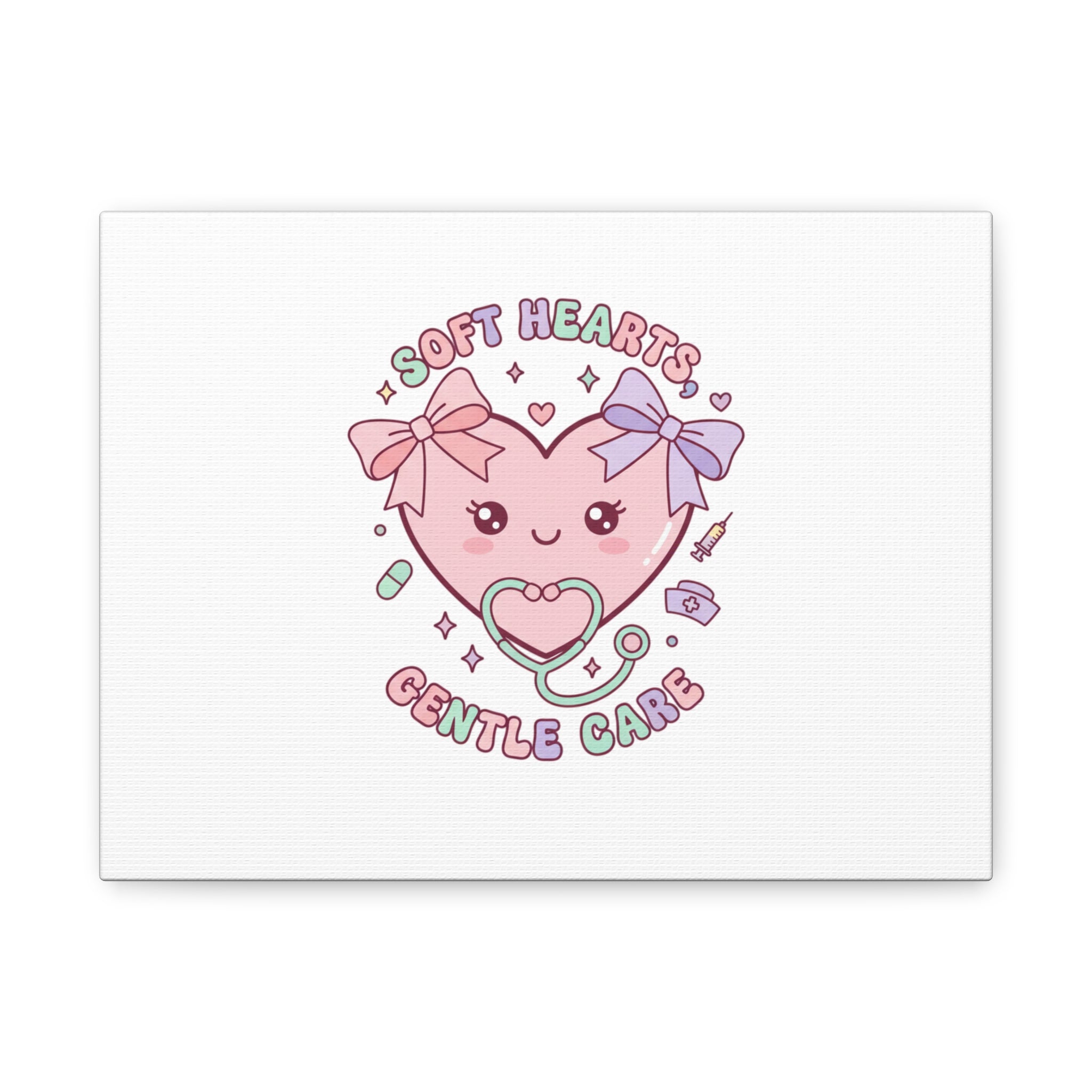 Soft Hearts Gentle Care Canvas, Cute Nurse Graphic | Pastel Coquette Medical Art 12" x 9" (Horizontal) 1.25"
