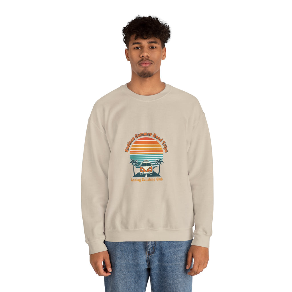 Vintage 70s Sunset Camper Crewneck Sweatshirt | Retro Surf Graphic, Golden Hour Postcard Navy