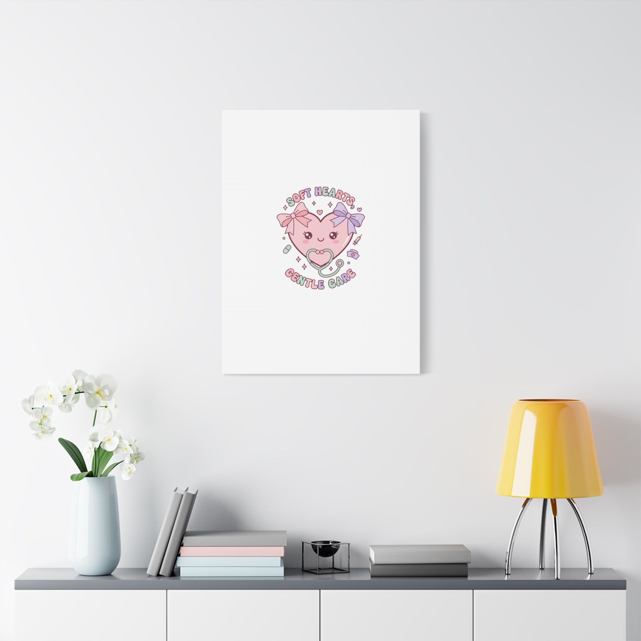 Soft Hearts Gentle Care Canvas, Cute Nurse Graphic | Pastel Coquette Medical Art 36" x 36" 1.25"