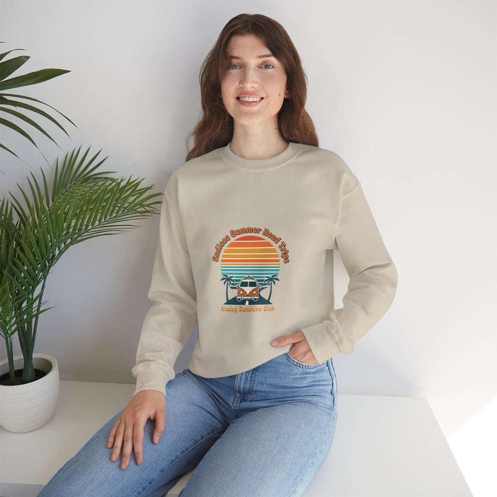 Vintage 70s Sunset Camper Crewneck Sweatshirt | Retro Surf Graphic, Golden Hour Postcard Navy