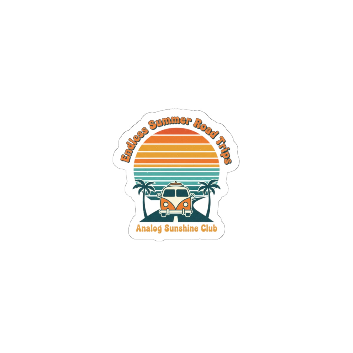 Retro VW Camper Sunset Sticker | 70s sunset, vintage palm postcard 4" × 4" White
