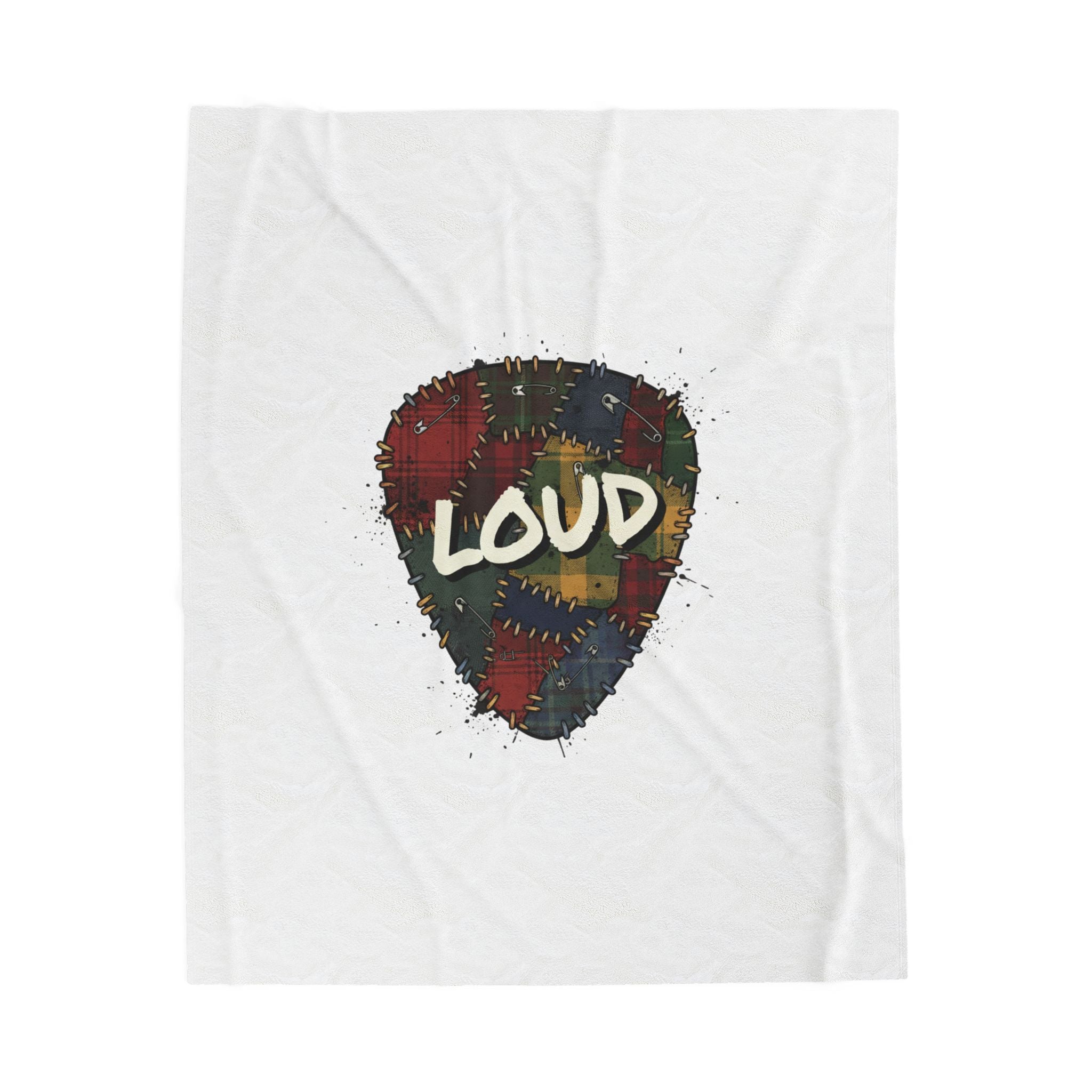 Plaid Patchwork 'Loud' Guitar Pick Velveteen Plush Blanket | Grunge Revival, 90s Flannel Aesthetic. 50" × 60"