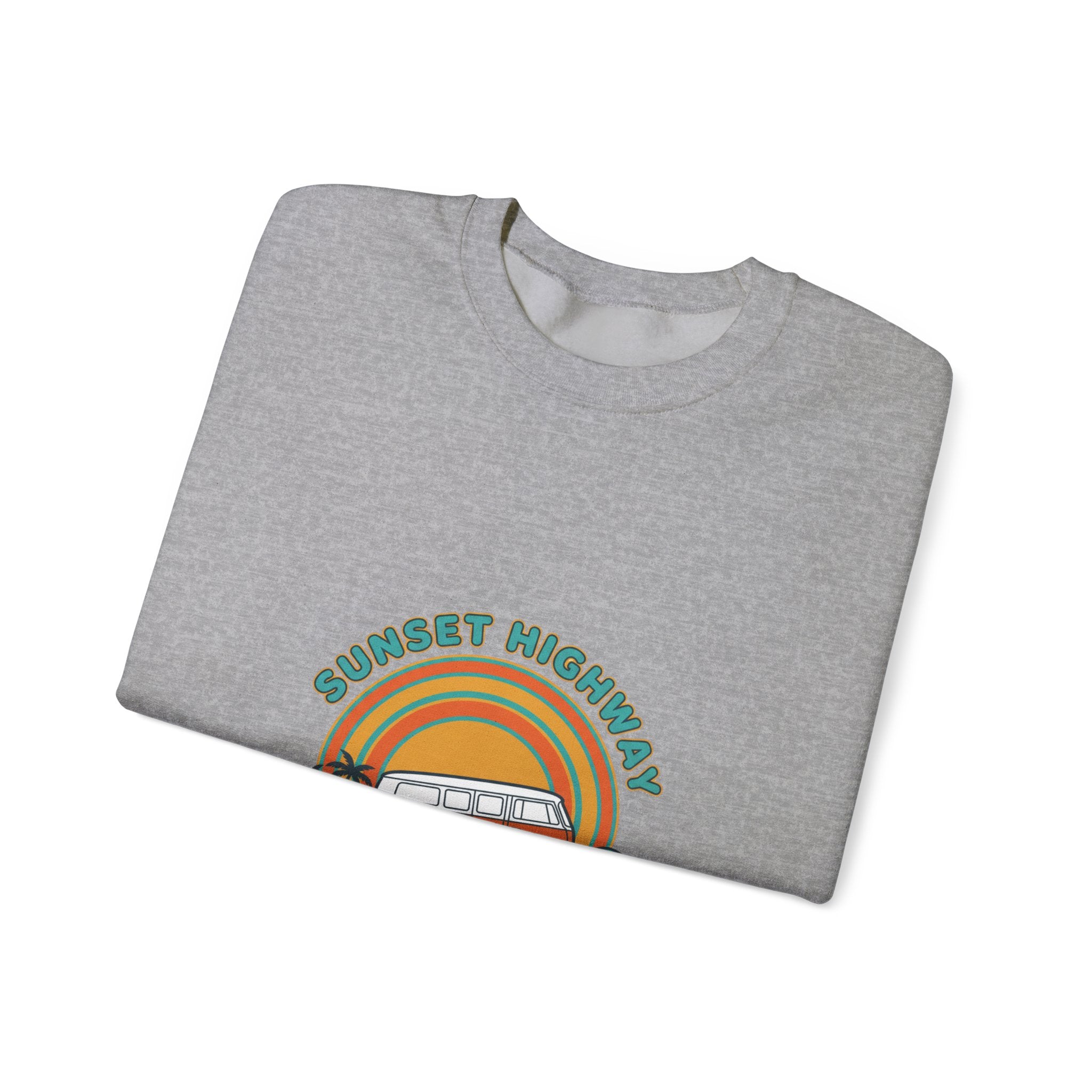 Sunset Highway Retro Surf Graphic Sweatshirt | 1970s Analog Sunshine, Vintage Palm Navy