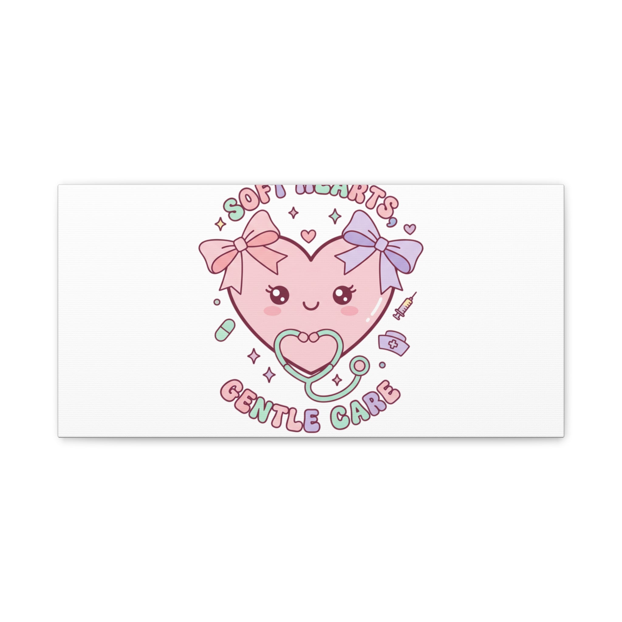 Soft Hearts Gentle Care Canvas, Cute Nurse Graphic | Pastel Coquette Medical Art 20" x 10" (Horizontal) 1.25"