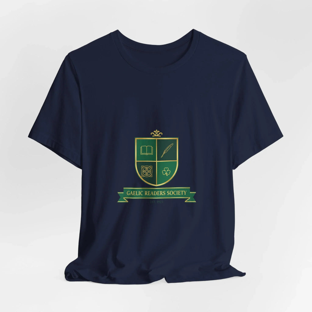 Navy t-shirt with green and gold Gaelic Readers Society crest graphic