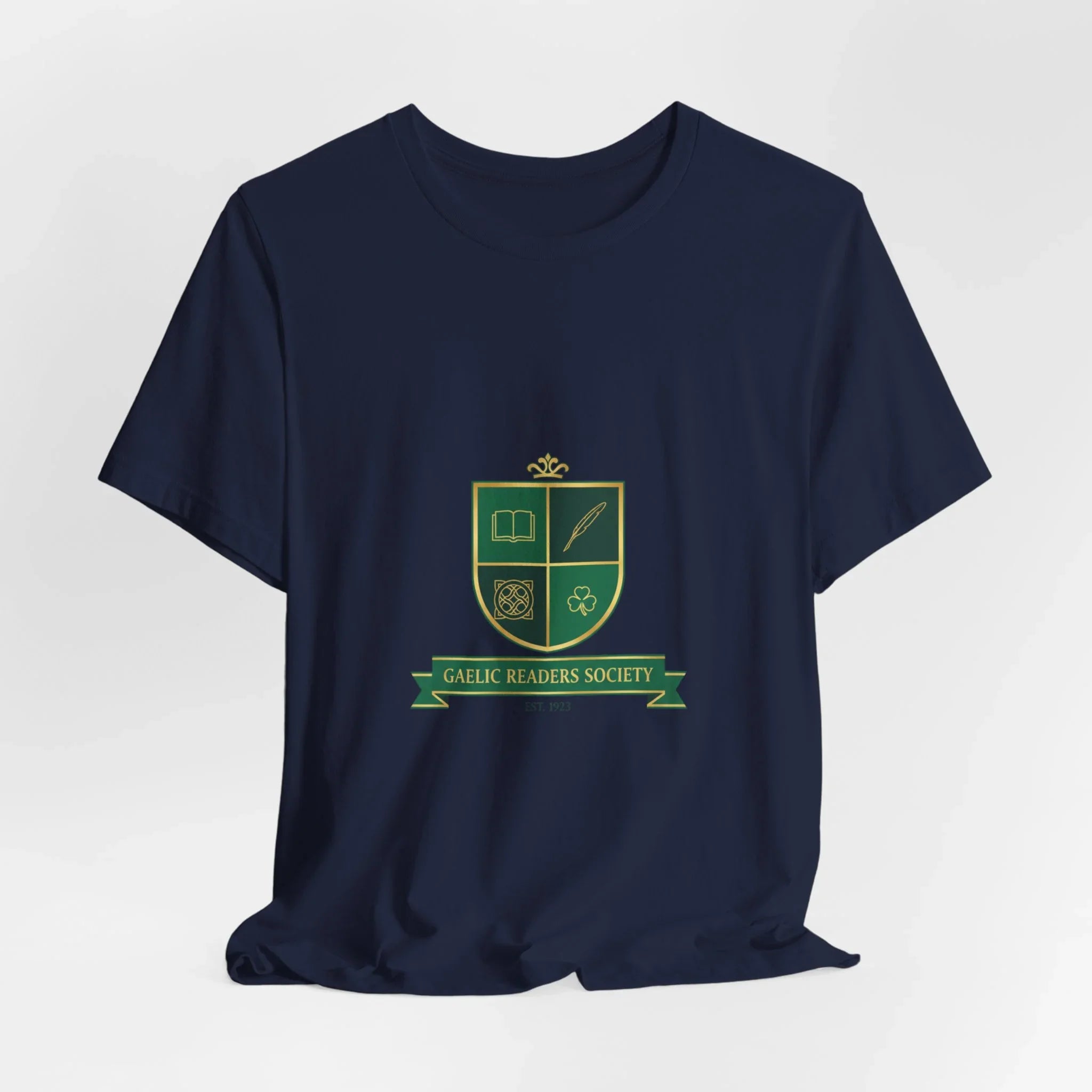 Navy t-shirt with green and gold Gaelic Readers Society crest graphic