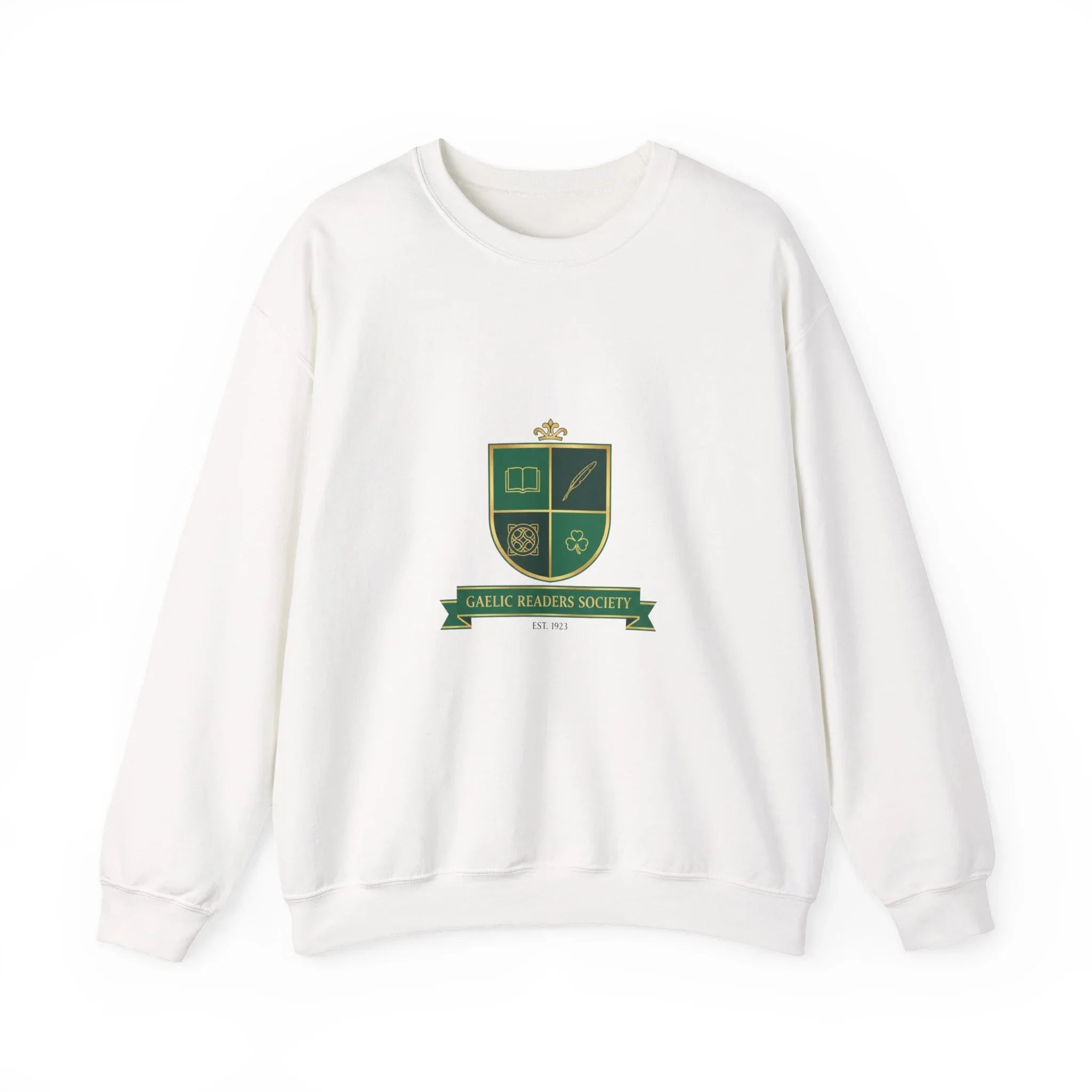 White sweatshirt with green Gaelic Readers Society crest and academic icons on front