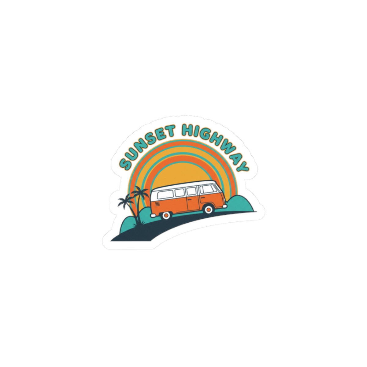 Sunset Highway Van Sticker | 70s Retro Surf, Vintage Palm Postcard 2" × 2" White
