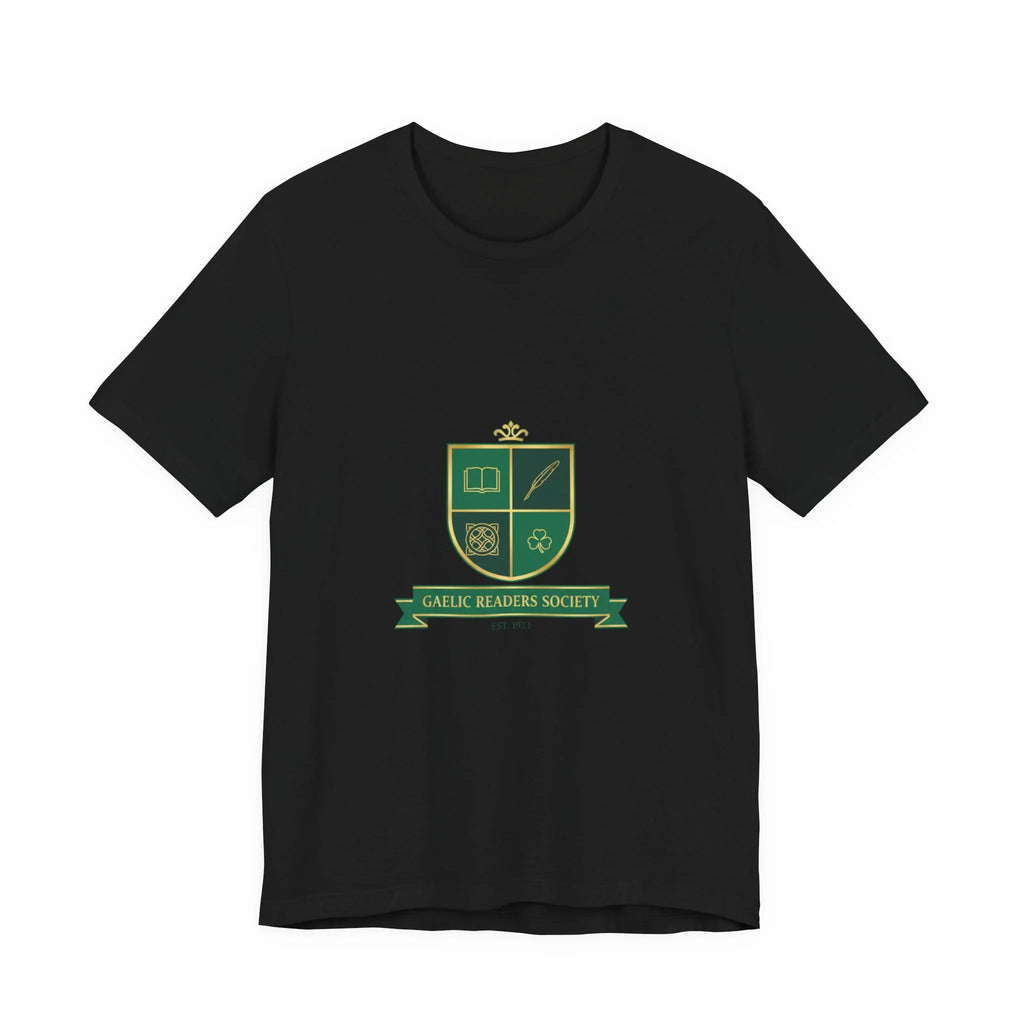 Black t-shirt with green Gaelic Readers Society crest and text, featuring book and quill icons.