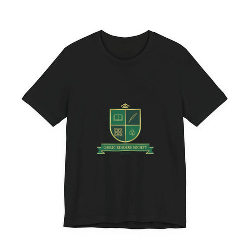 Black t-shirt with green Gaelic Readers Society crest and text, featuring book and quill icons.