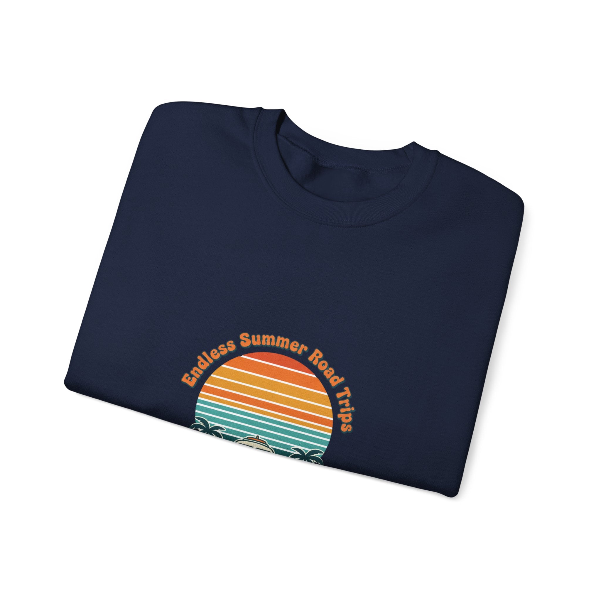 Vintage 70s Sunset Camper Crewneck Sweatshirt | Retro Surf Graphic, Golden Hour Postcard Navy