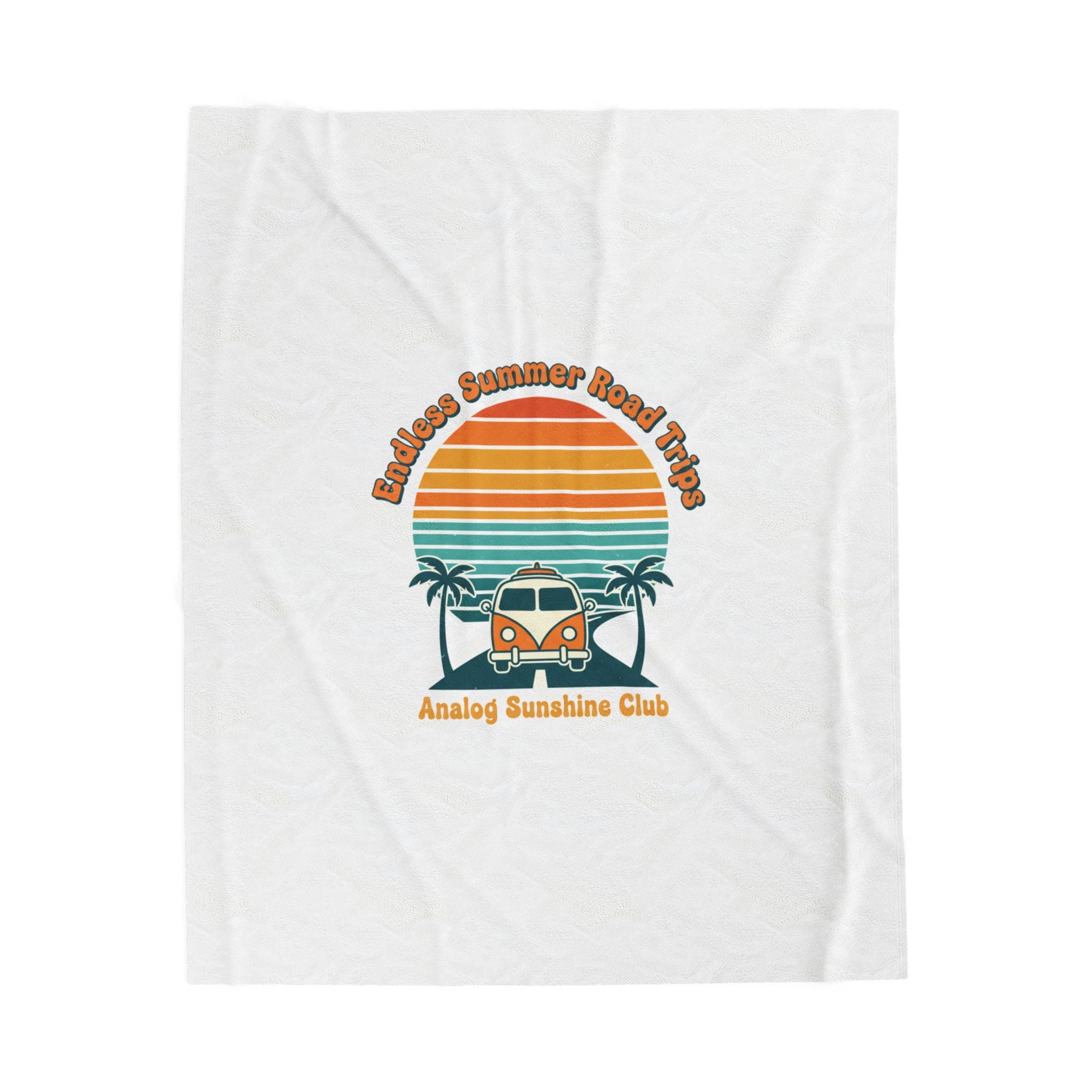 Retro 70s Sunset Surf Van Blanket | Analog Sunshine, Vintage Palm Postcard 50" × 60"