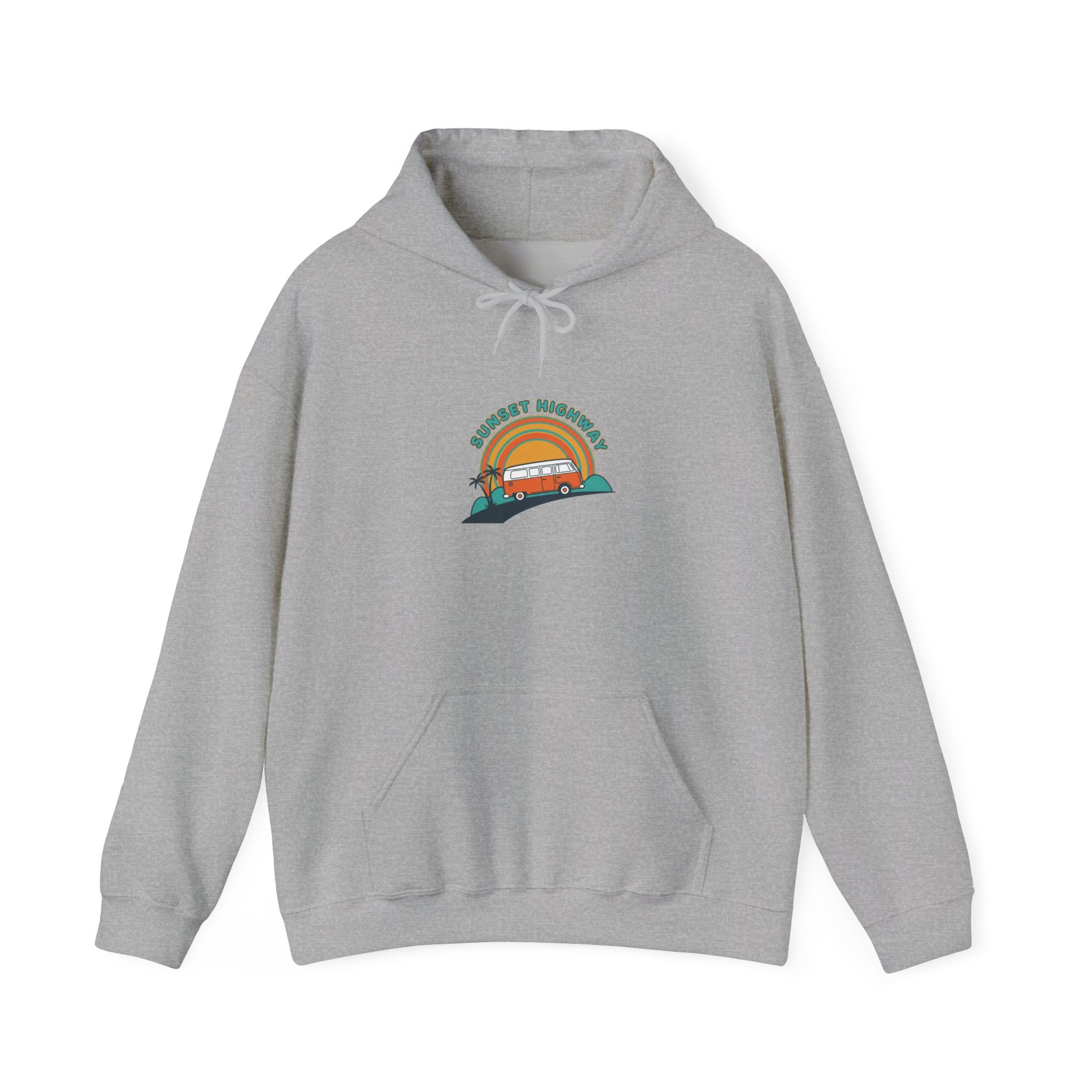 Retro 70s Sunset Surf Graphic Hoodie | Analog Sunshine, Vintage Palm Postcard Sport Grey