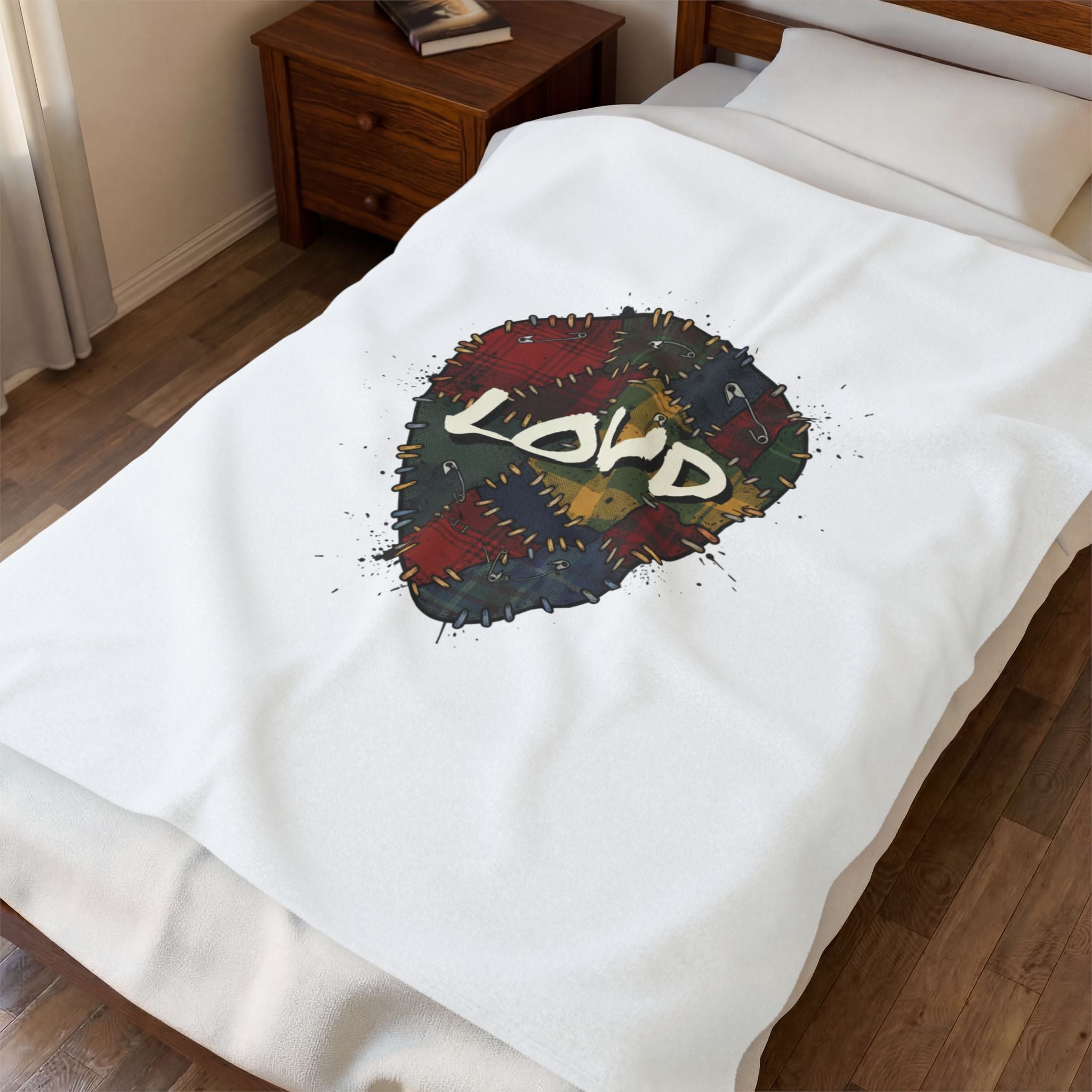 Plaid Patchwork 'Loud' Guitar Pick Velveteen Plush Blanket | Grunge Revival, 90s Flannel Aesthetic