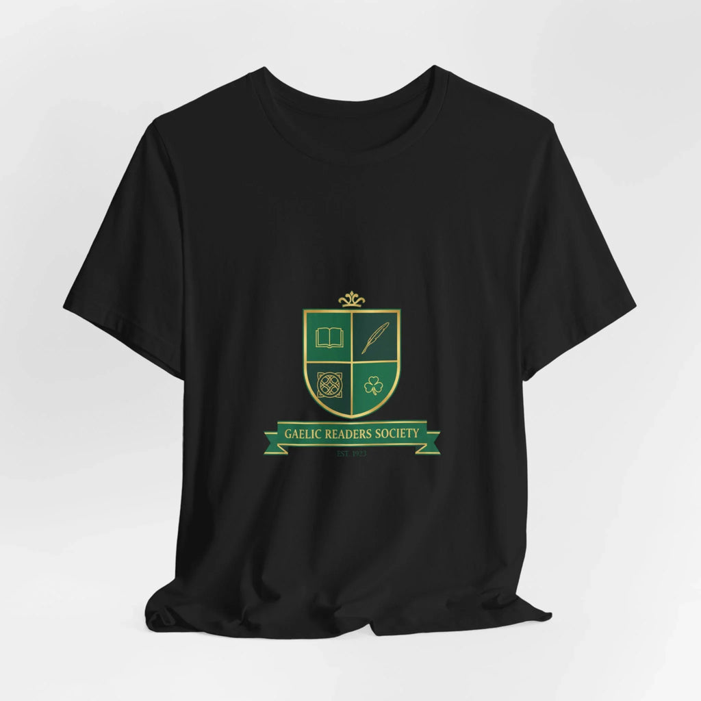 Black t-shirt with green Gaelic Readers Society crest, book, feather, knot, and shamrock icons