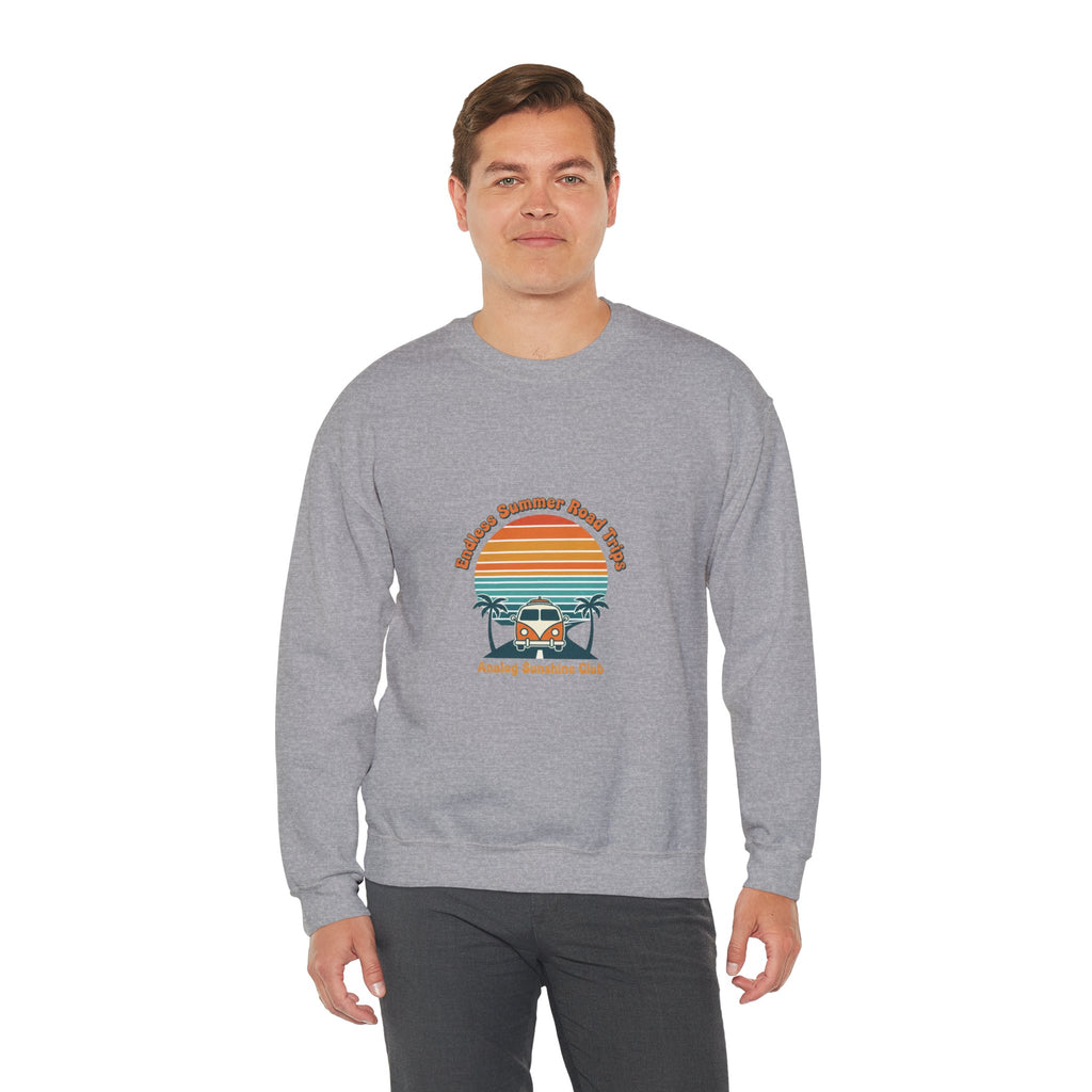Vintage 70s Sunset Camper Crewneck Sweatshirt | Retro Surf Graphic, Golden Hour Postcard Navy