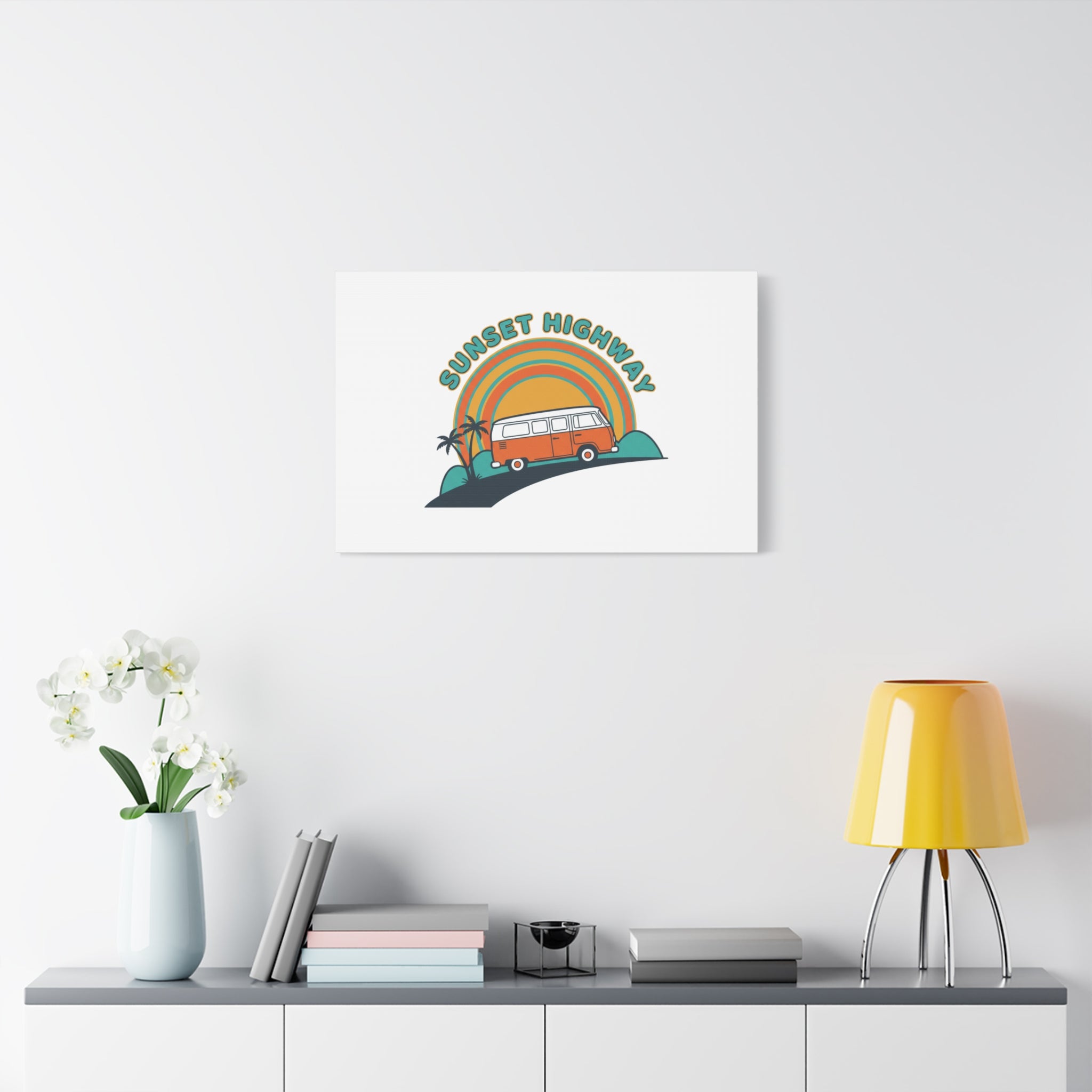 Sunset Highway Van Canvas | 1970s Retro Surf, Vintage Palm Poster 36" x 36" 1.25"