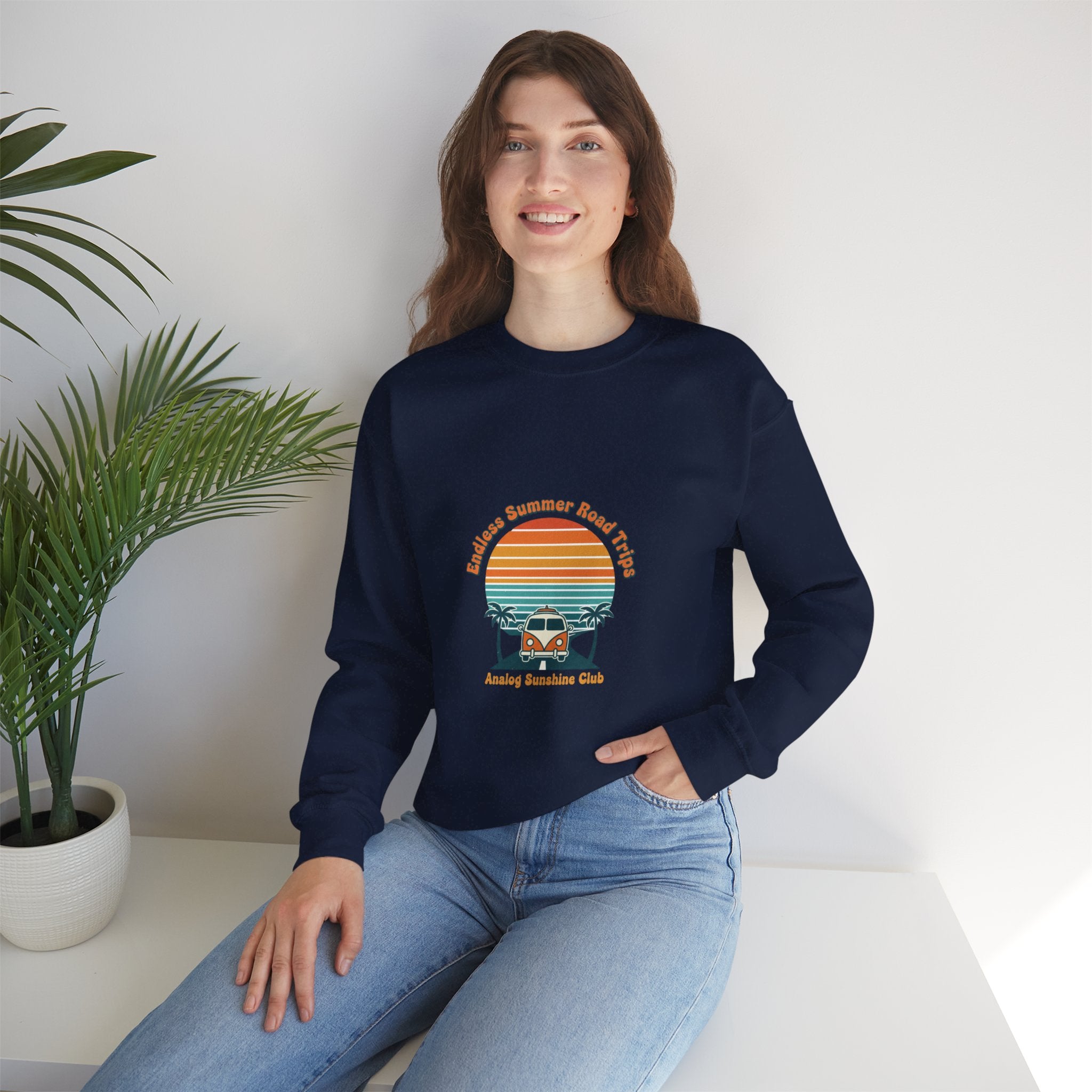 Vintage 70s Sunset Camper Crewneck Sweatshirt | Retro Surf Graphic, Golden Hour Postcard Navy