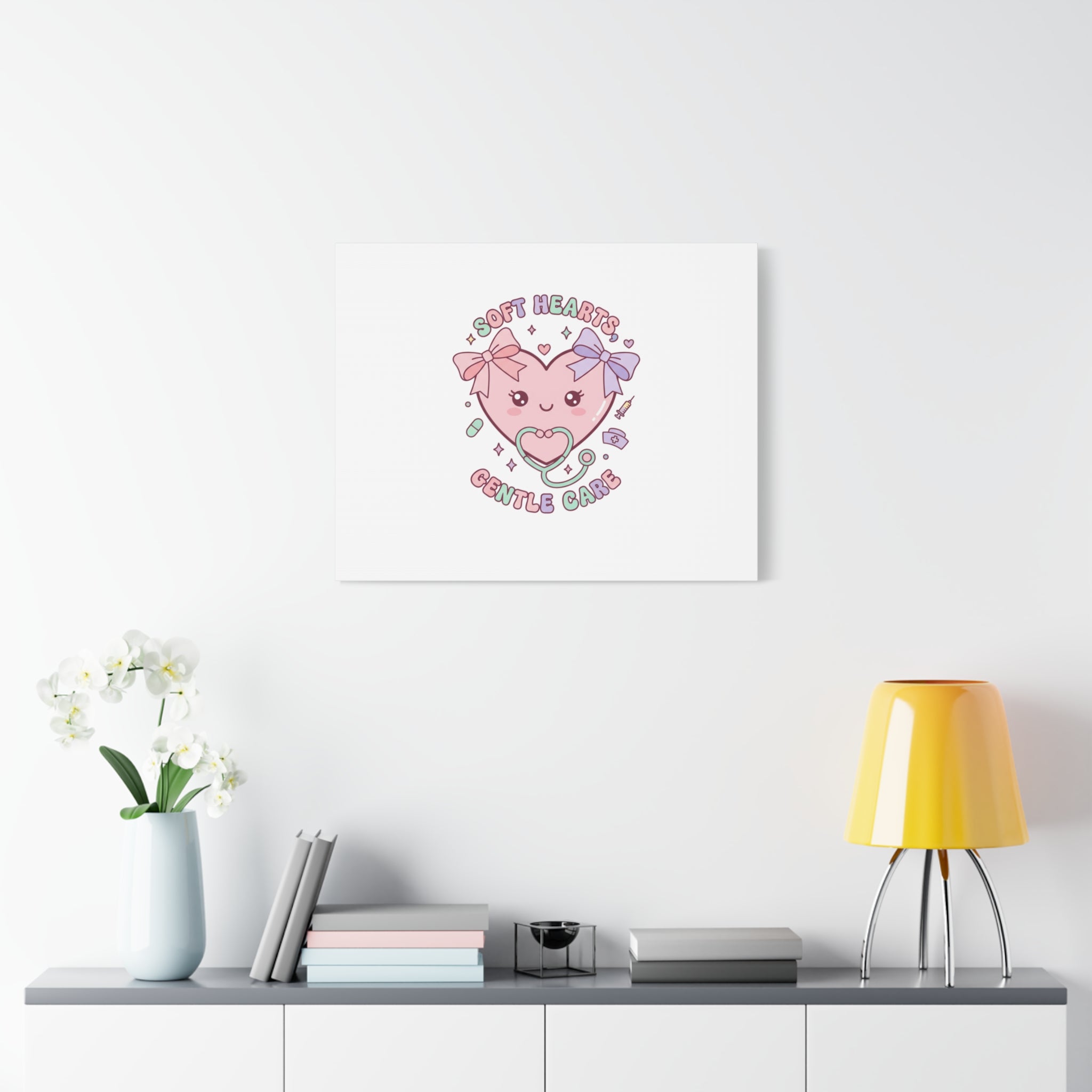 Soft Hearts Gentle Care Canvas, Cute Nurse Graphic | Pastel Coquette Medical Art 36" x 36" 1.25"