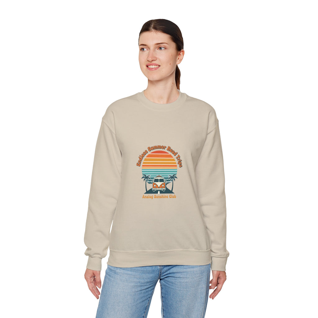 Vintage 70s Sunset Camper Crewneck Sweatshirt | Retro Surf Graphic, Golden Hour Postcard Navy
