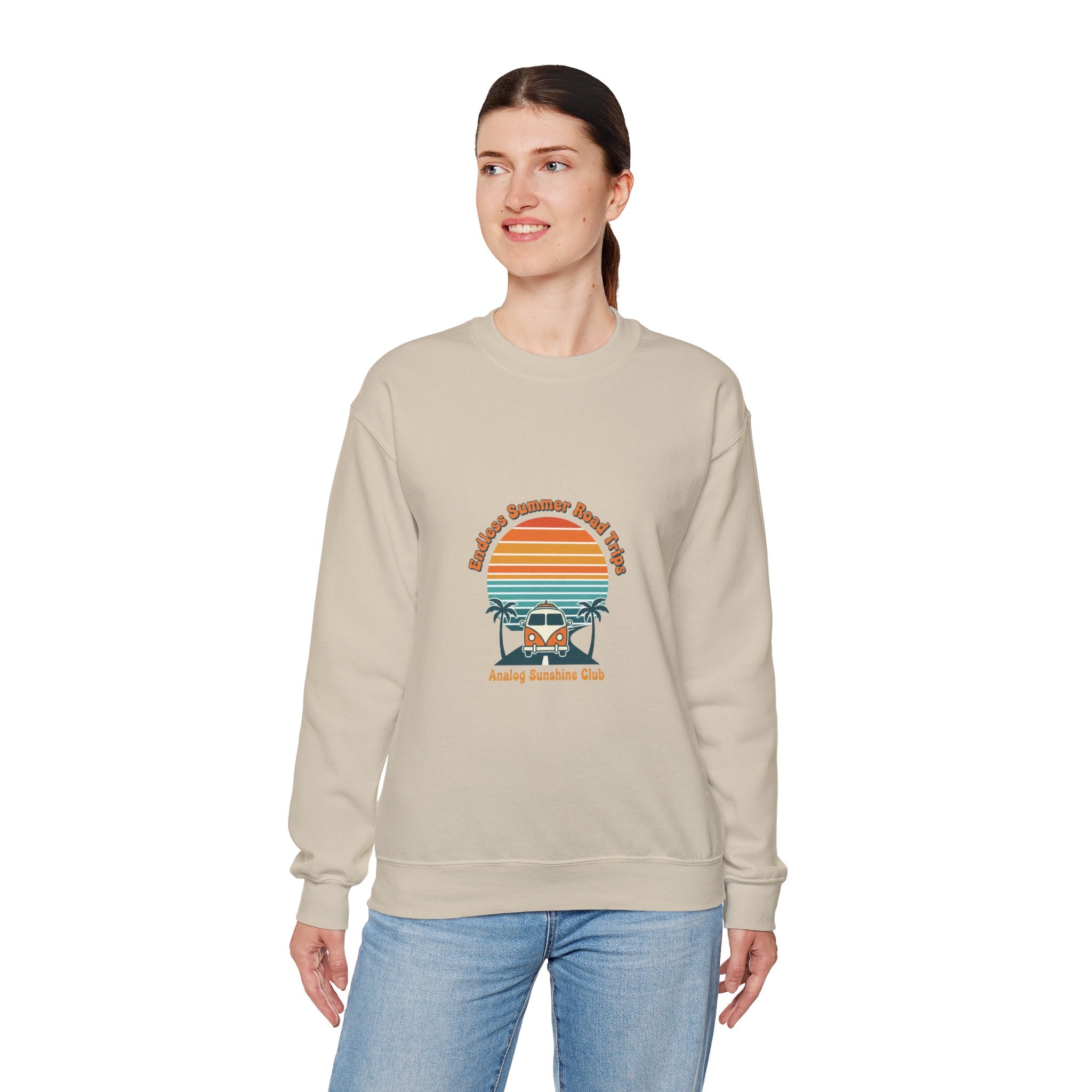 Vintage 70s Sunset Camper Crewneck Sweatshirt | Retro Surf Graphic, Golden Hour Postcard Navy
