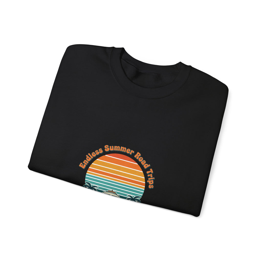 Vintage 70s Sunset Camper Crewneck Sweatshirt | Retro Surf Graphic, Golden Hour Postcard Navy