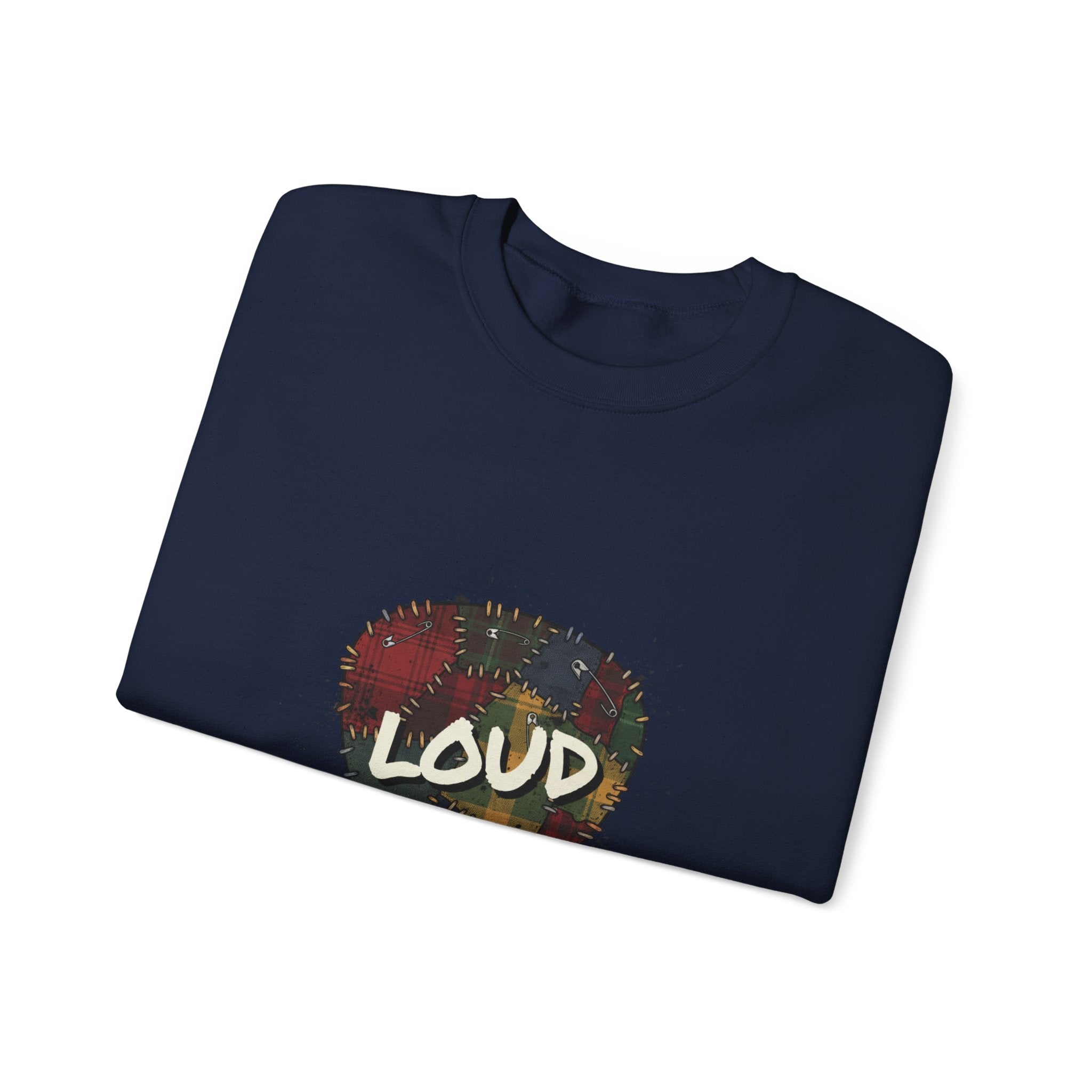 Loud Plaid Guitar Pick Crewneck Sweatshirt | Grunge Revival, 90s Flannel Aesthetic Navy