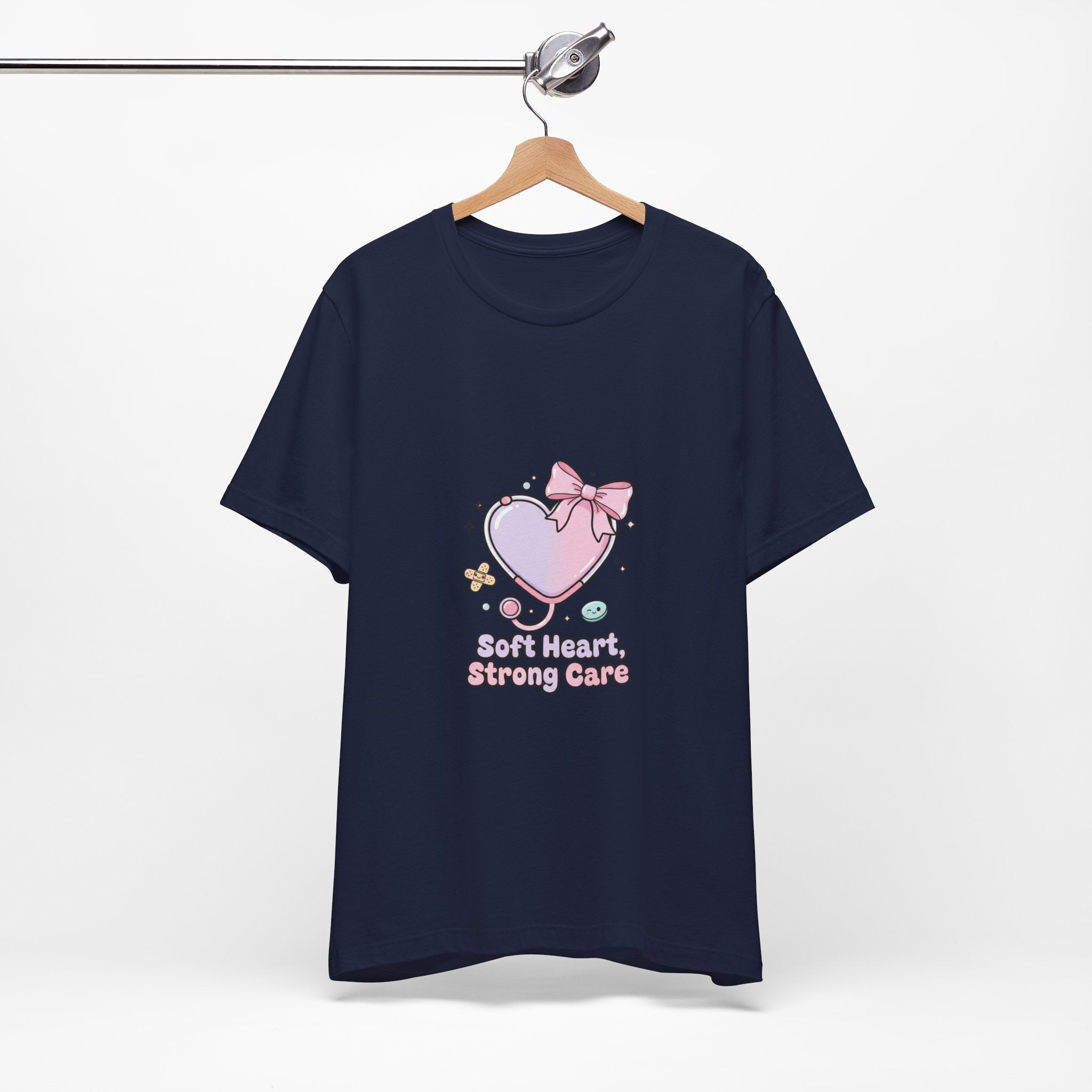 Soft Heart Strong Care T-Shirt | cute nurse graphic, pastel coquette medical shirt Navy