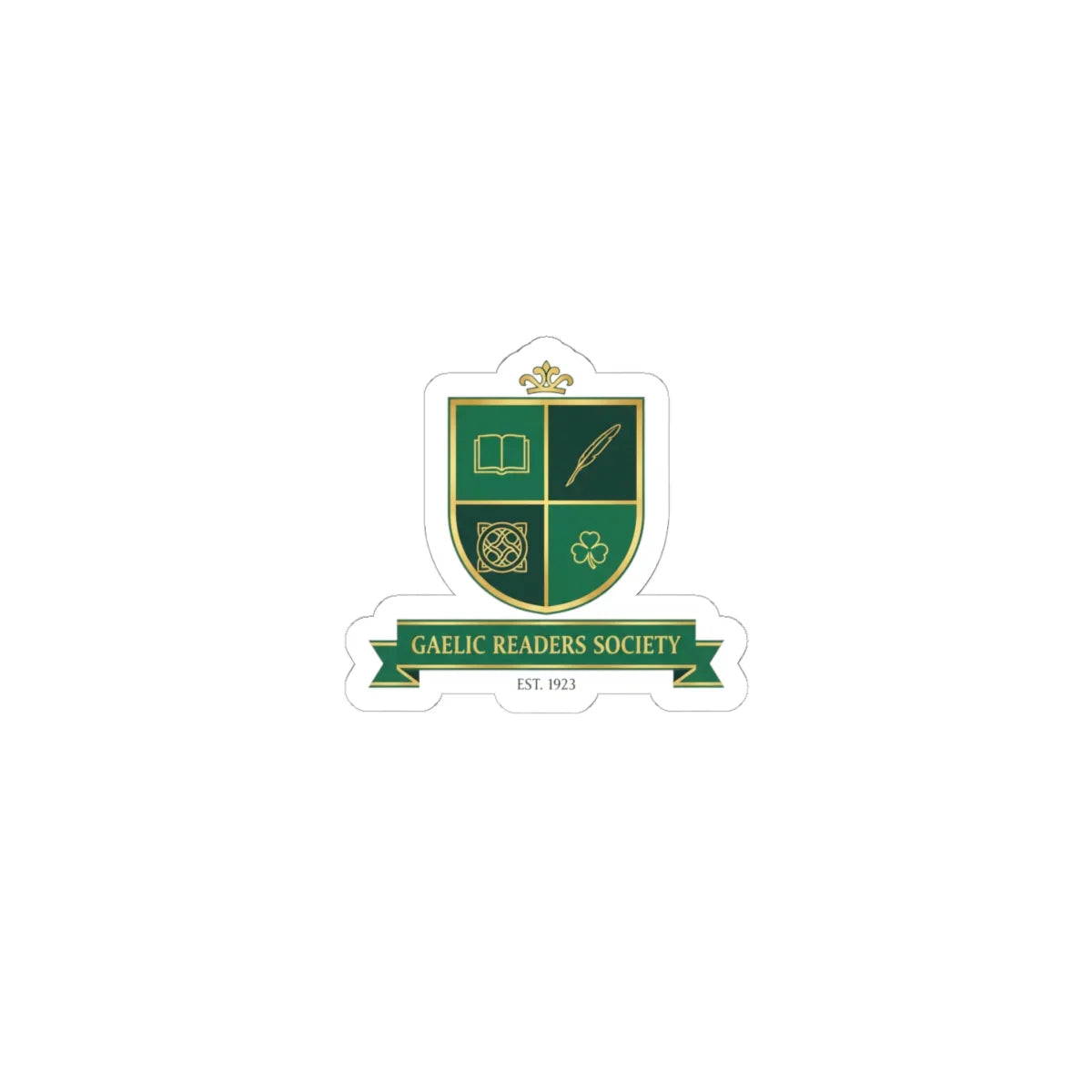 Green and gold Gaelic Readers Society crest sticker with book, quill, knot, and shamrock symbols.