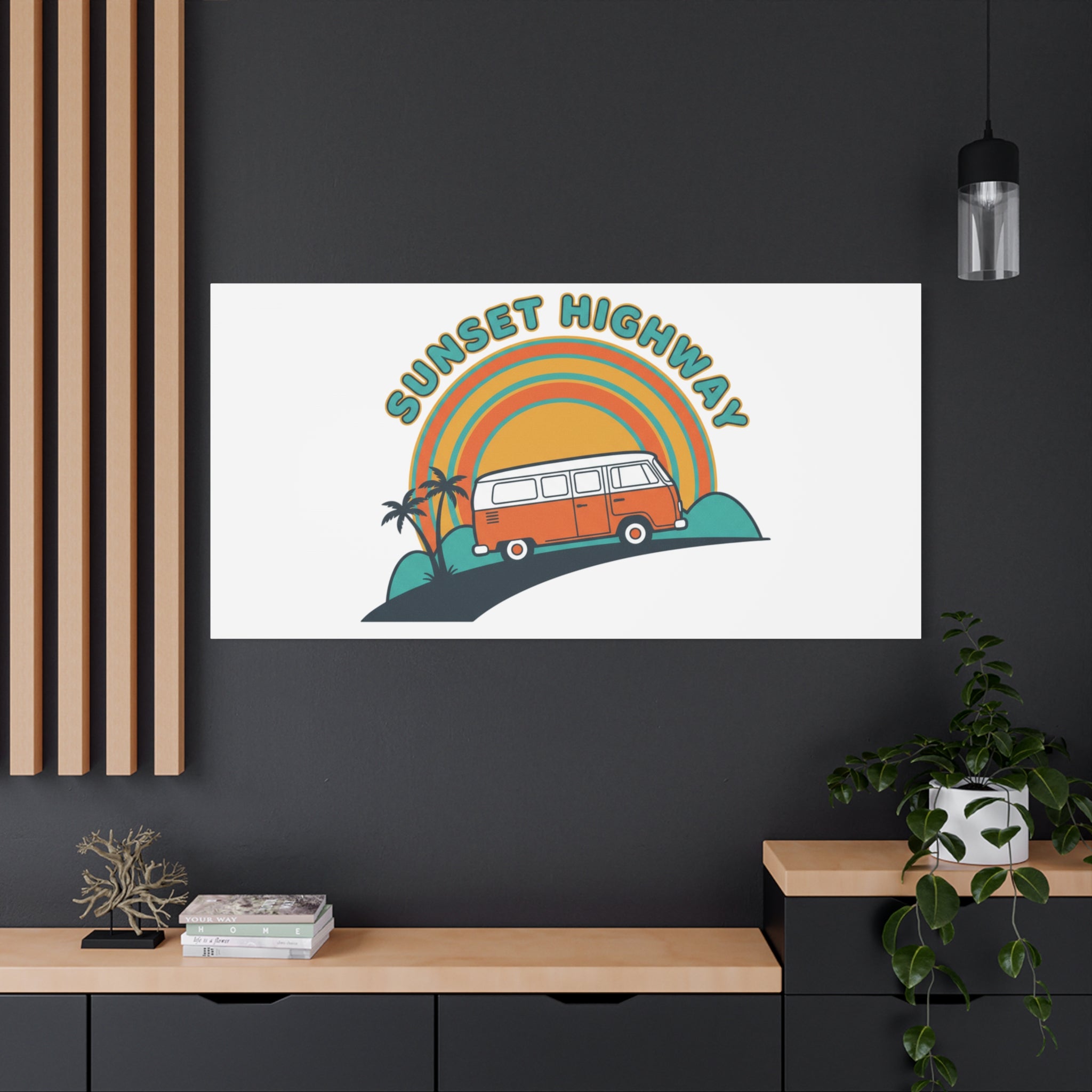 Sunset Highway Van Canvas | 1970s Retro Surf, Vintage Palm Poster 36" x 36" 1.25"